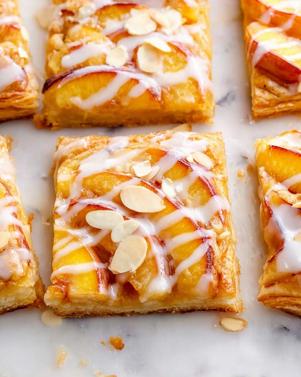 The image shows nine square pastries arranged in a grid on white baking paper over a white marbled surface. Each pastry has three layers: a golden-brown crust at the base, a creamy pale yellow filling in the middle, and thin slices of peach arranged in a fan shape on top. The peach slices are light orange with hints of red and slightly glossy. Thin, pale almond slices are scattered evenly over each pastry. A woman's hand is holding the bottom edge of the top left pastry. The overall look is neat and fresh, with soft shadows around the pastries. photo taken with an iphone --ar 4:5 --v 7