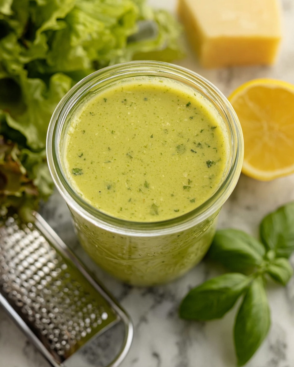 A close-up photo shows a glass jar filled with a smooth, green sauce that has a slightly grainy texture. The sauce is light green with small specks of darker green herbs spread throughout. Around the jar, on a white marbled surface, there are some fresh green basil leaves, a wedge of lemon with a bright yellow peel, and a block of pale yellow cheese. A metal grater and some curly green lettuce are visible in the blurred background. The photo is taken with an iphone --ar 4:5 --v 7