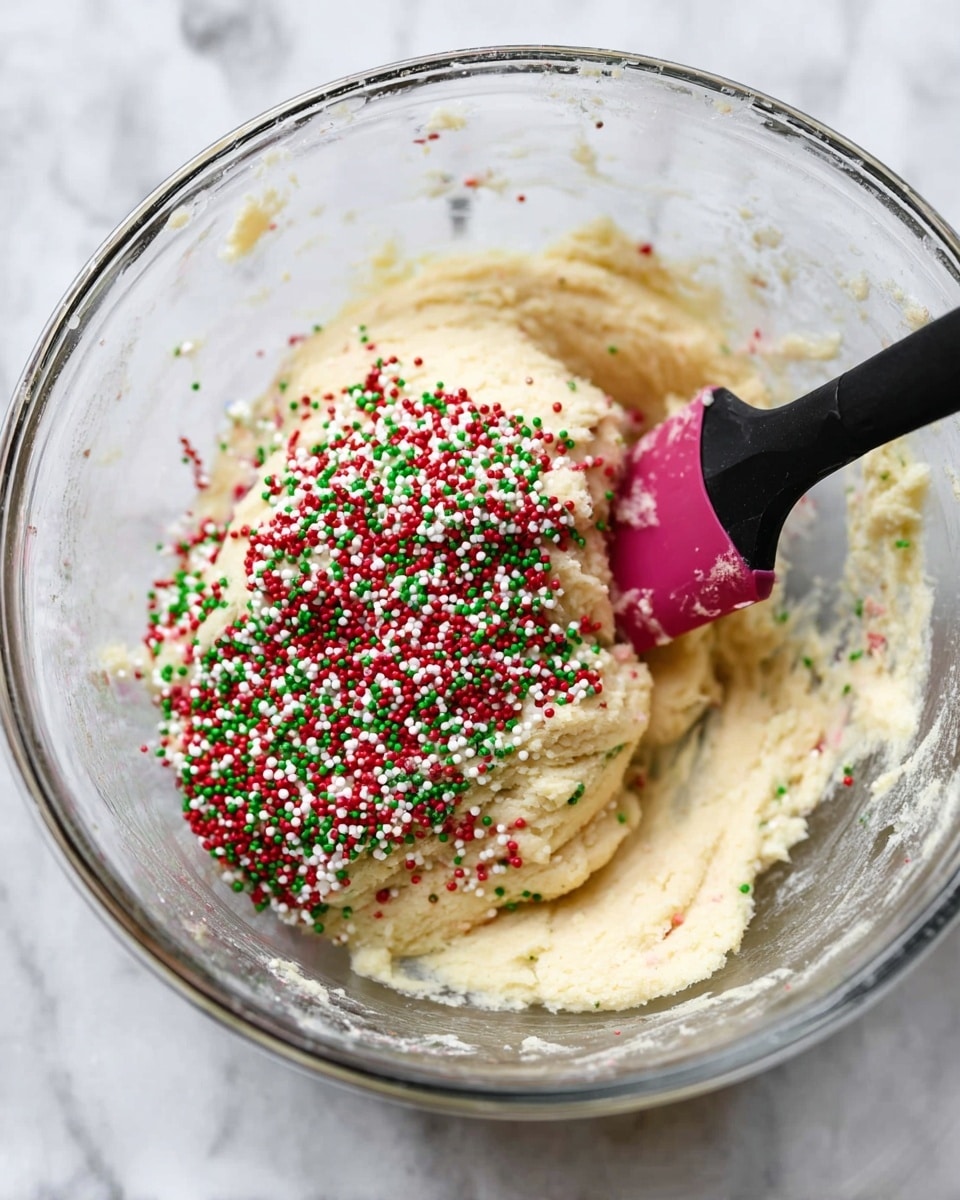 A clear glass bowl holds a thick, pale yellow dough with a smooth texture. On top of the dough, there is a pile of small round sprinkles in red, green, and white colors. A black spatula with a pink silicone head is partly stuck in the dough and sprinkles. The bowl and dough sit on a white marbled surface. photo taken with an iphone --ar 4:5 --v 7