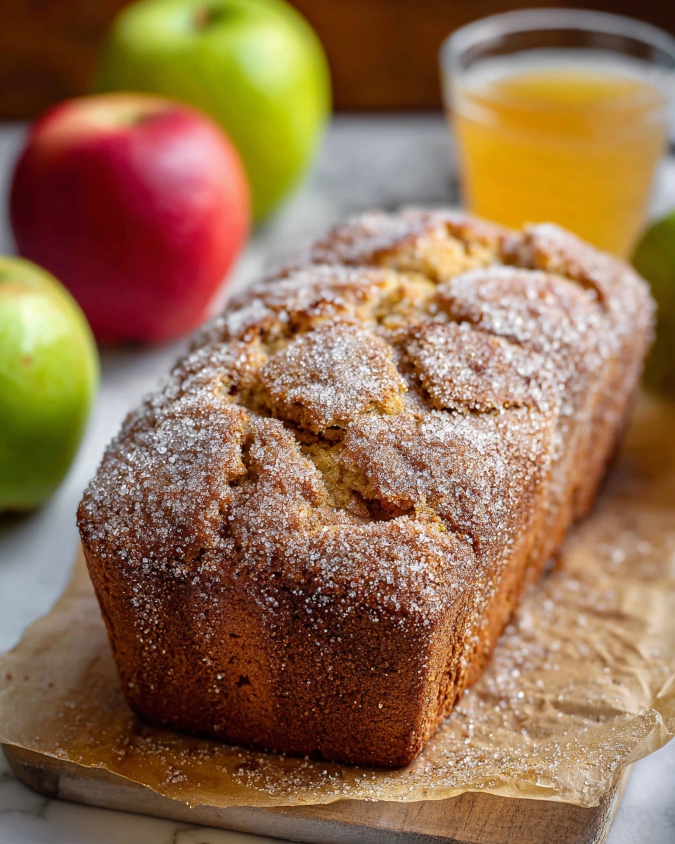 A loaf of cinnamon sugar bread sits on light brown parchment paper atop a wooden surface. The bread is golden brown with a rough, cracked top covered in a thick layer of sugar crystals, creating a sparkling white dusting over the entire loaf. In the background, there are three whole apples—one green and two red—and a small glass of golden apple juice, all set against a white marbled texture. Photo taken with an iphone --ar 4:5 --v 7