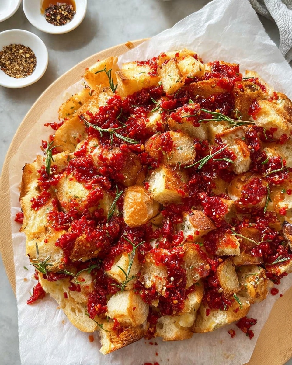 The image shows a round dish with three main layers. The bottom layer is a thick, light golden base that looks like bread dough. On top, there is a mix of large, irregular pieces of toasted bread that are light brown on the edges and white inside. The top layer is scattered with a bright red sauce or fruit compote that seeps through the bread, creating a splash of vibrant red color. Small green sprigs of rosemary are sprinkled evenly over the top, adding contrast to the reds and browns. The whole dish is placed on white parchment paper against a white marbled background. photo taken with an iphone --ar 4:5 --v 7