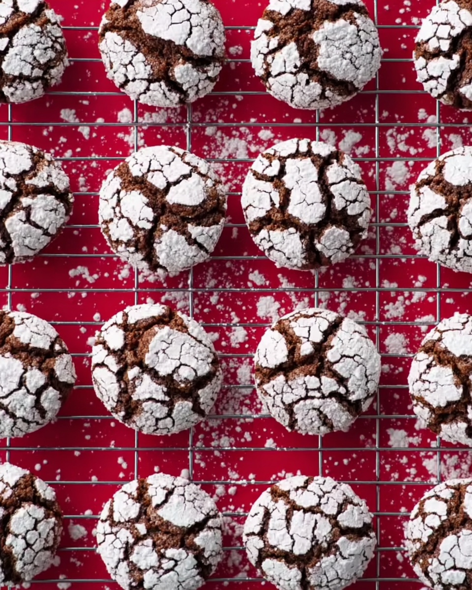 The image shows many round chocolate cookies with a cracked surface covered in white powdered sugar, arranged on a bright red cooling rack. Each cookie has a distinct pattern of dark brown chocolate cracks breaking through the white powdered sugar, making them look textured and slightly rough. The red rack contrasts with the white powdered sugar and dark chocolate color of the cookies, and the background beneath the rack is a white marbled surface. The cookies are evenly spaced, filling the frame closely. photo taken with an iphone --ar 4:5 --v 7