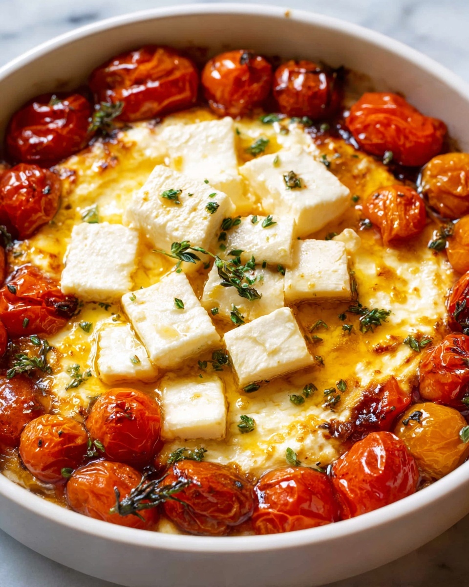 A white round dish filled with a baked cheese layer in the center, showing a mix of melted soft cheese and thicker white cheese slices cut into square pieces on top. Surrounding the cheese layer is a ring of roasted bright red and orange cherry tomatoes with a shiny and slightly wrinkled texture. Small green herb leaves are sprinkled over the cheese, adding a fresh touch. The dish sits on a white marbled surface, and the lighting highlights the glossy, warm, and slightly oily look of the melted cheese and tomatoes. photo taken with an iphone --ar 4:5 --v 7