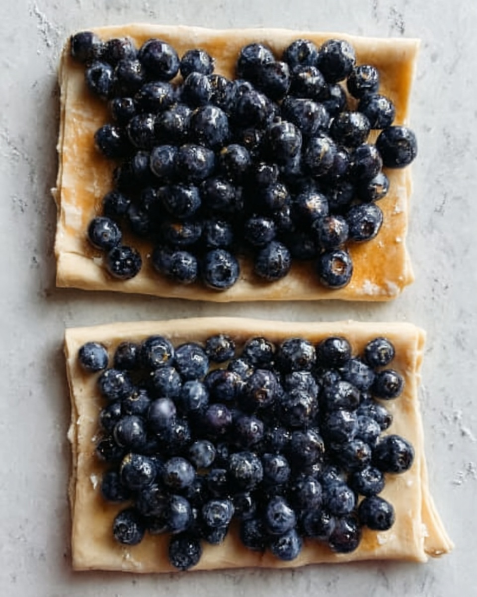Two rectangular layers of light brown dough are placed on a white marbled surface. Each dough layer is topped with a pile of fresh blueberries, deep blue and shiny, some spilling slightly over the edges. The blueberries are arranged mostly in the center of each rectangle, creating a contrast between the smooth dough and the clustered round berries. The edges of the dough are folded slightly upward, giving a soft frame to the fruit. Photo taken with an iphone --ar 4:5 --v 7
