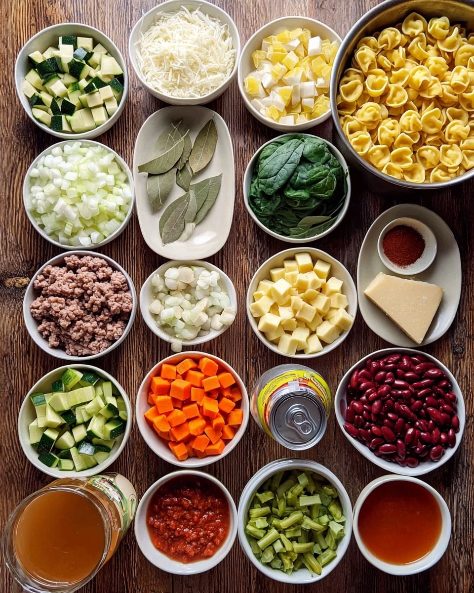 The image shows many small white bowls filled with different ingredients arranged neatly on a wooden table. There are diced white onions, chopped zucchini, white beans, chopped orange carrots, diced white potatoes, green beans, sliced celery, red kidney beans, and cooked brown ground meat. There is also a bowl of yellow tortellini pasta, a small bowl of minced garlic, a plate with frozen green spinach, a wedge of hard cheese, two bay leaves with dried herbs on a small plate, a small bowl of red seasoning, a cup of clear water, a cup of orange broth, and a can of crushed tomatoes. Salt and black pepper are shown in small bowls too. Photo taken with an iphone --ar 4:5 --v 7