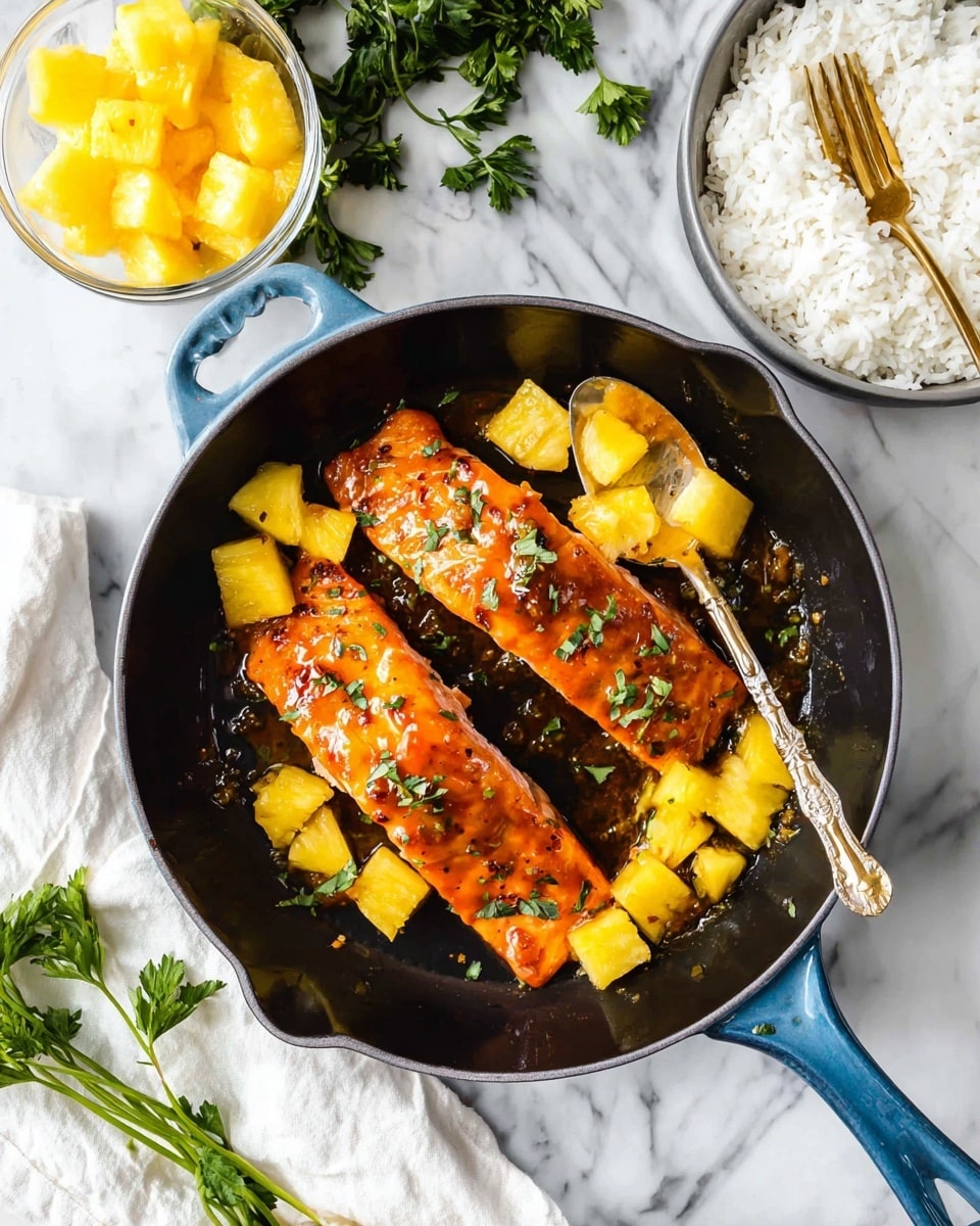 The image shows two pieces of glazed salmon fillets cooked in a black skillet with a blue handle, topped with a glossy orange sauce and garnished with small green herbs. Around the salmon, there are bright yellow pineapple chunks evenly scattered. A silver spoon with some pineapple pieces rests inside the skillet on the right side. To the top right of the skillet, there is a white bowl filled with steamed white rice and a golden fork placed inside. At the top center, a clear glass cup holds more pineapple chunks. Fresh green parsley lies on the bottom left corner, contrasting with the white marbled surface underneath, where a white cloth napkin is also partly visible near the skillet. Photo taken with an iphone --ar 4:5 --v 7