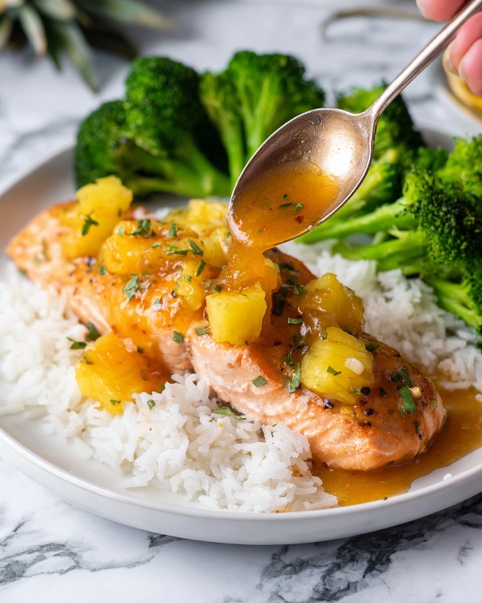 A white plate holds three main layers: the bottom layer is fluffy white rice, the middle layer is a cooked salmon fillet with a light orange color, and the top layer is a bright orange sauce with small green herbs and chunks of yellow pineapple spread over the salmon and rice. On the side of the plate, there are several green broccoli florets standing upright. A silver spoon held by a woman's hand is pouring more of the orange sauce onto the salmon. The plate sits on a white marbled surface. photo taken with an iphone --ar 4:5 --v 7