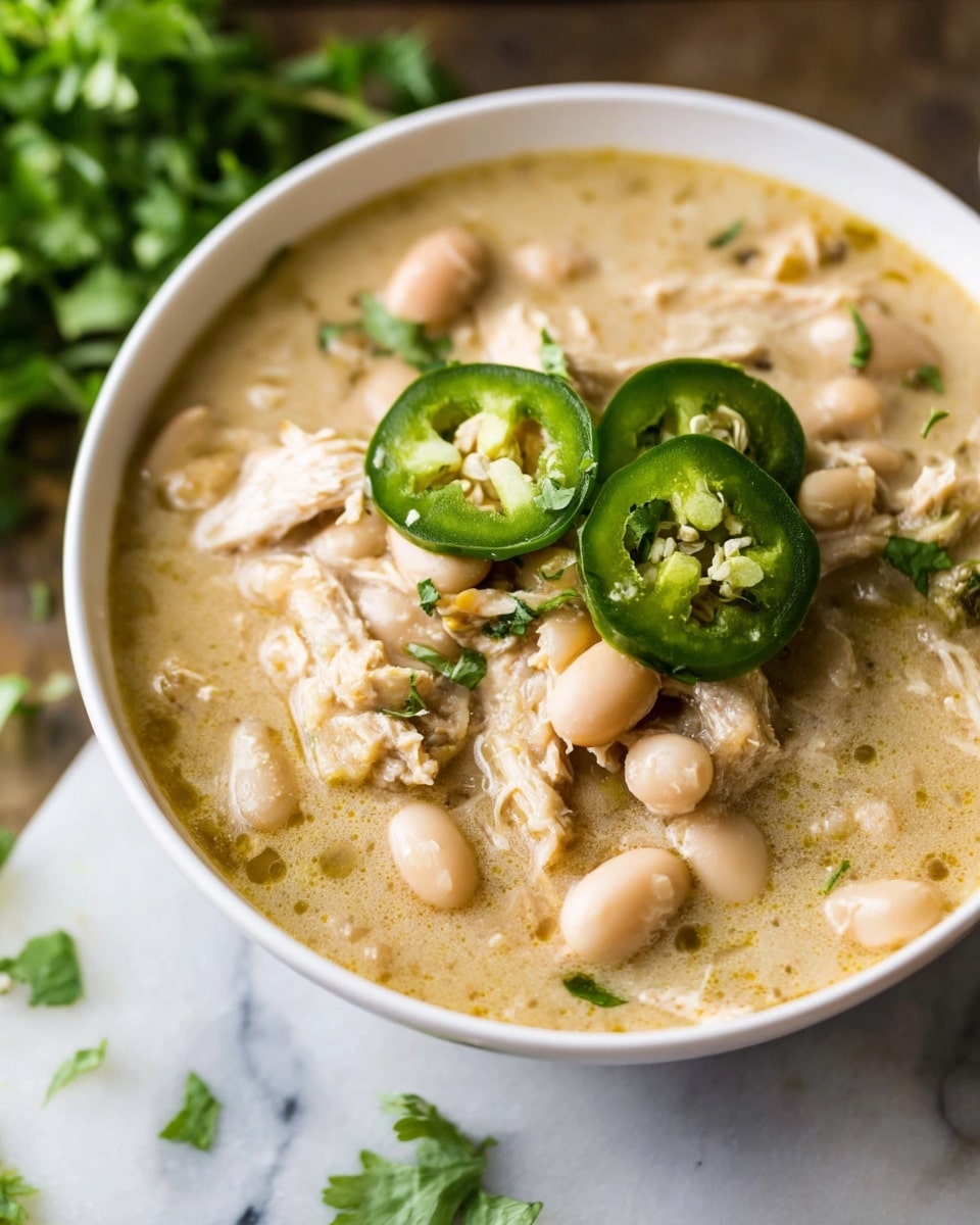 A white bowl filled with creamy soup that has three visible layers: the base is a thick, light beige broth with a smooth texture; scattered throughout are soft white beans and chunks of tender beige shredded meat; on top are two bright green sliced jalapeños with visible seeds, and a sprig of fresh cilantro. The bowl sits on a white marbled surface with blurred green herbs in the background. Photo taken with an iphone --ar 4:5 --v 7