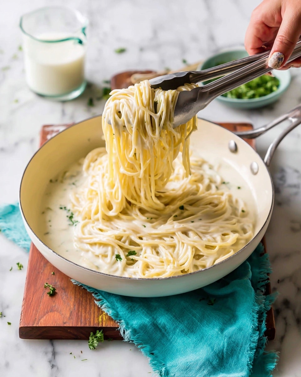 A white pan filled with creamy white sauce and long, pale yellow spaghetti noodles, some of which are being lifted by a woman's hand holding silver tongs. The pan is on a wooden board with a teal cloth underneath, all set on a white marbled surface. A glass measuring cup with white liquid and some green parsley garnish are seen nearby. Photo taken with an iphone --ar 4:5 --v 7
