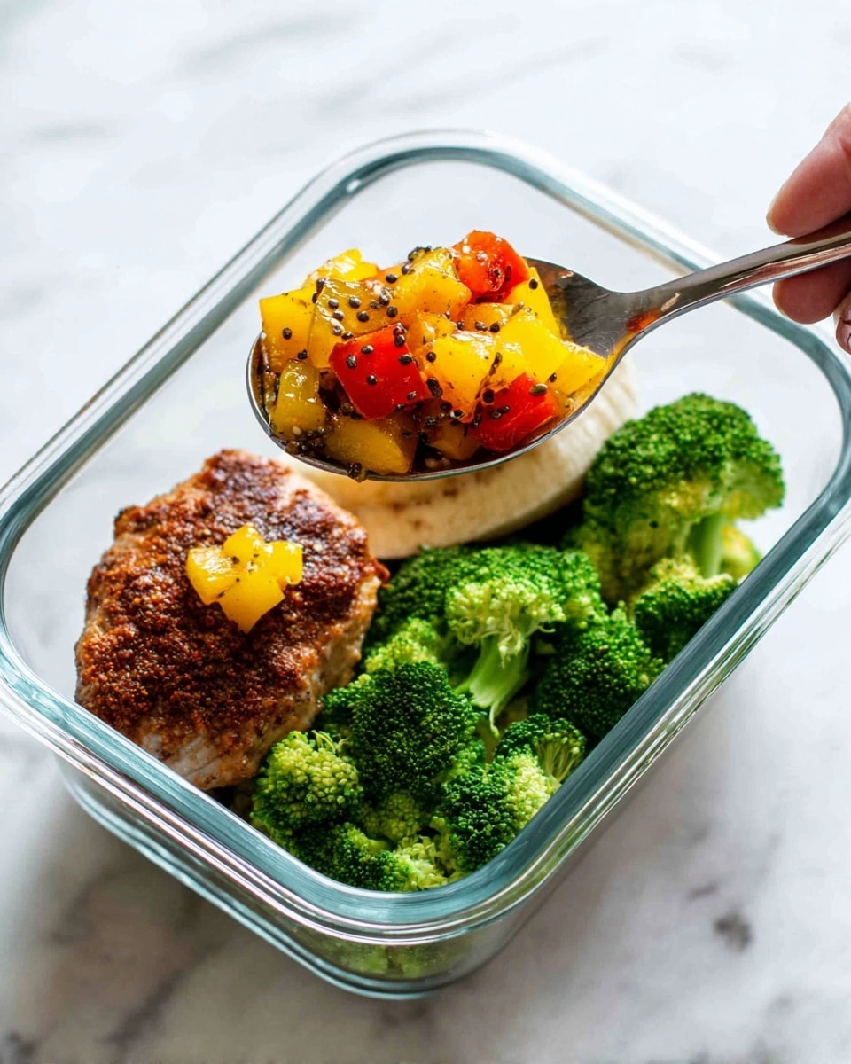 A clear glass container holds three layers of food: on the left, a brown seasoned chicken piece topped with a small yellow bell pepper piece; in the middle, bright green steamed broccoli florets; on the right, a lightly browned banana. Above this container, a silver spoon held by a woman's hand is lifting a colorful mixture of diced yellow and red bell peppers with small black chia seeds. The surface beneath is white marble, bright and clean. photo taken with an iphone --ar 4:5 --v 7