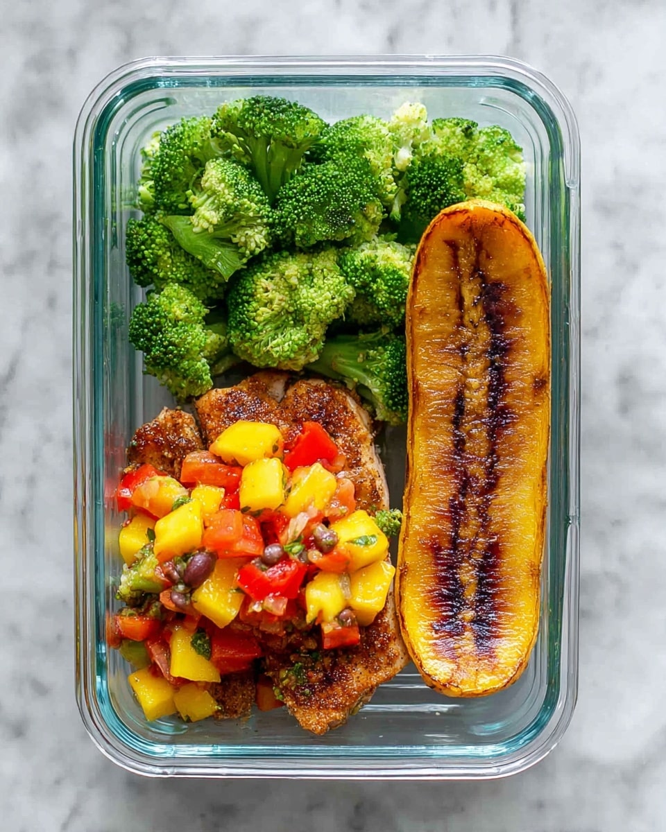 In a clear glass rectangular container placed on a white marbled surface, there are three main layers of food arranged side by side. On the left, bright green steamed broccoli florets form a fluffy, textured mound. In the middle, a piece of browned grilled chicken is topped with a colorful salsa made of small diced yellow mango and red tomato pieces, mixed with tiny dark seeds, creating a vibrant and fresh appearance. On the right, a long, caramelized plantain slice with a golden-brown color and slightly darker center strip lies flat. Photo taken with an iphone --ar 4:5 --v 7