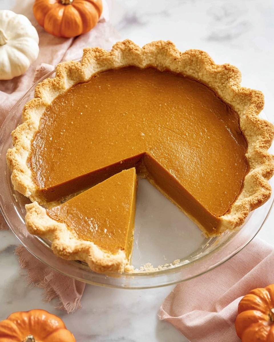A single-layer pumpkin pie is shown in a clear glass pie dish with a golden-brown crust that has a wavy edge all around. The smooth, deep orange filling fills the crust evenly. The pie is placed on a beige cloth surrounded by small, bright orange pumpkins and scattered brown and orange autumn leaves. To the left, a white plate with a large dollop of whipped cream is partly visible. The whole scene is set on a white marbled surface, creating a warm, autumn feel. photo taken with an iphone --ar 4:5 --v 7