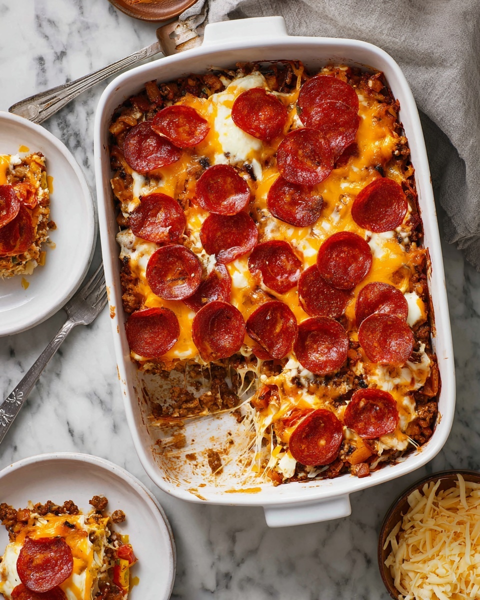 A white baking dish filled with a layered casserole showing a base of cooked ground meat mixed with diced vegetables in brown and dark tones, topped with a thick melted cheese layer of orange and white colors. On the cheese, there are evenly spread slices of dark red pepperoni that have curled edges. A section has been removed from the dish, revealing the inside layers with melted cheese stretching, ground meat, and vegetables. Nearby, parts of two white plates hold served casserole portions, and a bowl with shredded cheese can be seen on a white marbled surface. Photo taken with an iphone --ar 4:5 --v 7