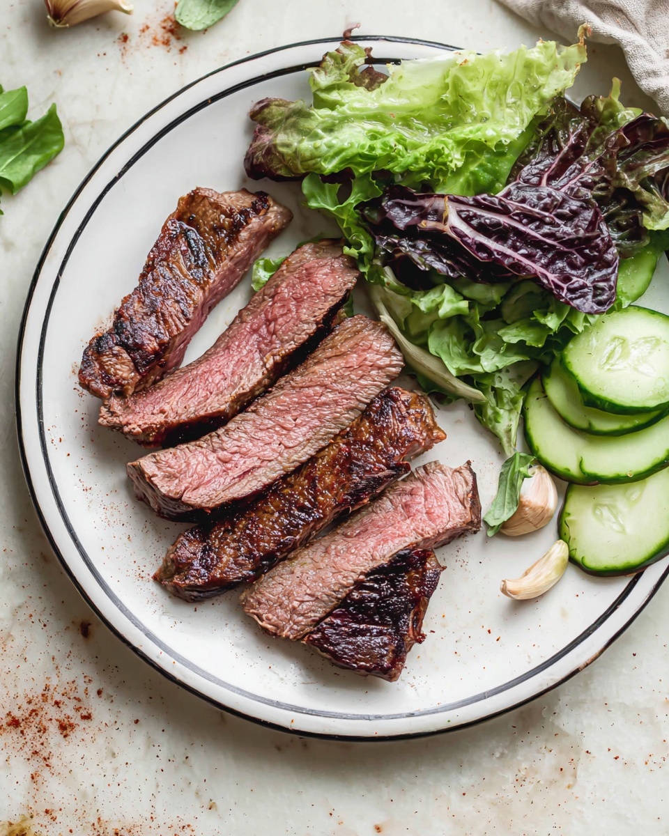 The image shows a white plate with a thin black rim, placed on a white marbled surface. The plate holds four slices of grilled steak, arranged in a slightly overlapping row, showing a pink inside with dark brown grill marks on the edges. To the right of the steak, there is a small side of mixed leafy greens in dark purple and green shades, with two sliced green cucumber rounds on top and one cucumber round on the plate near the greens. Some garlic cloves and a light sprinkle of a reddish-brown powder are visible around the plate. photo taken with an iphone --ar 4:5 --v 7
