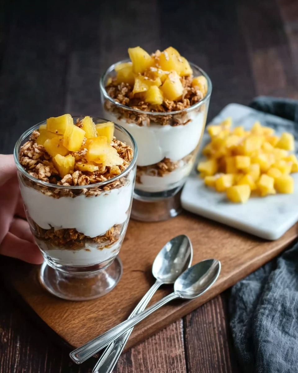 Two clear glass jars are filled with layered yogurt parfaits, each with four layers. Starting from the bottom, the first layer is smooth and creamy white yogurt. The second layer consists of small peach pieces showing orange and yellow shades. The third layer is again white yogurt, thick and smooth, topped with a mixed fruit layer of finely chopped peaches and possibly apple pieces showing red and yellow colors. The fourth and top layer is crunchy granola with oats and nuts, light brown and textured, filling the jar to the rim. The jars sit on a white marbled surface with soft natural light in the background. photo taken with an iphone --ar 4:5 --v 7