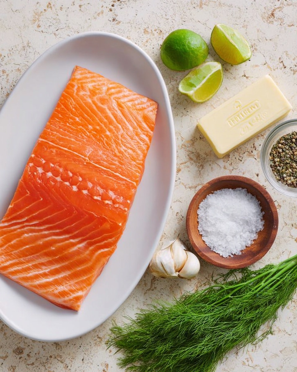 A large piece of bright orange salmon with visible white fat lines lays flat on a white oval plate, positioned on a textured surface that looks like wood but changed to white marbled texture. To the right of the plate, there is a block of pale yellow butter, a fresh green lime, a small bunch of green dill, three cloves of garlic, a small wooden bowl filled with white salt, and a clear glass bowl with black pepper inside. The items are neatly arranged and brightly lit, showcasing the fresh colors and textures of each ingredient. photo taken with an iphone --ar 4:5 --v 7