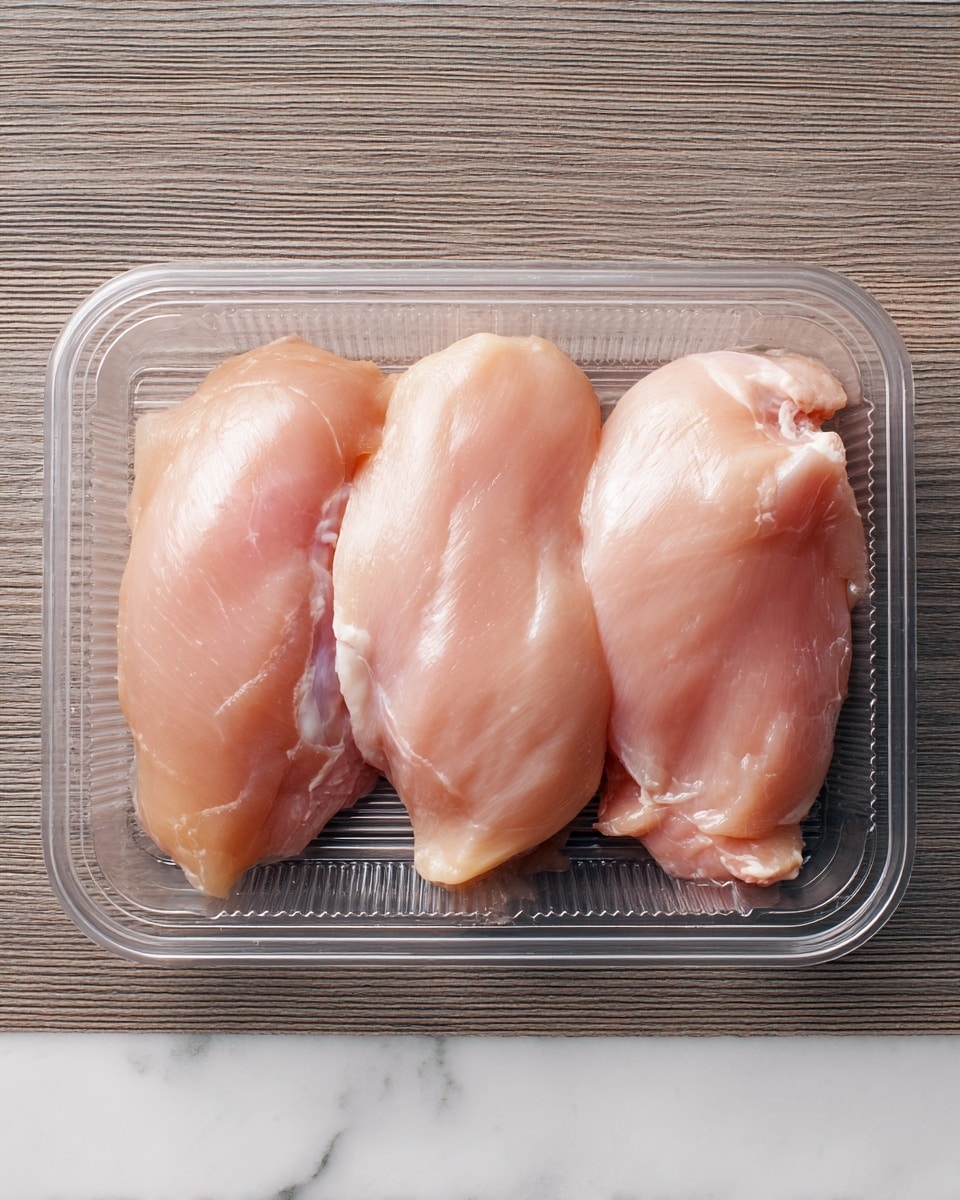 The image shows three pieces of raw chicken meat arranged side by side in a clear plastic tray. Each piece is light pink with smooth, slightly shiny surfaces and soft textures, showing natural lines and slight curves from the muscle fibers. The edges of the meat are rounded and some small bits of fat are visible near the bottom. The plastic tray has raised sections holding each piece separately, and the whole setup rests on a white marbled surface. photo taken with an iphone --ar 4:5 --v 7
