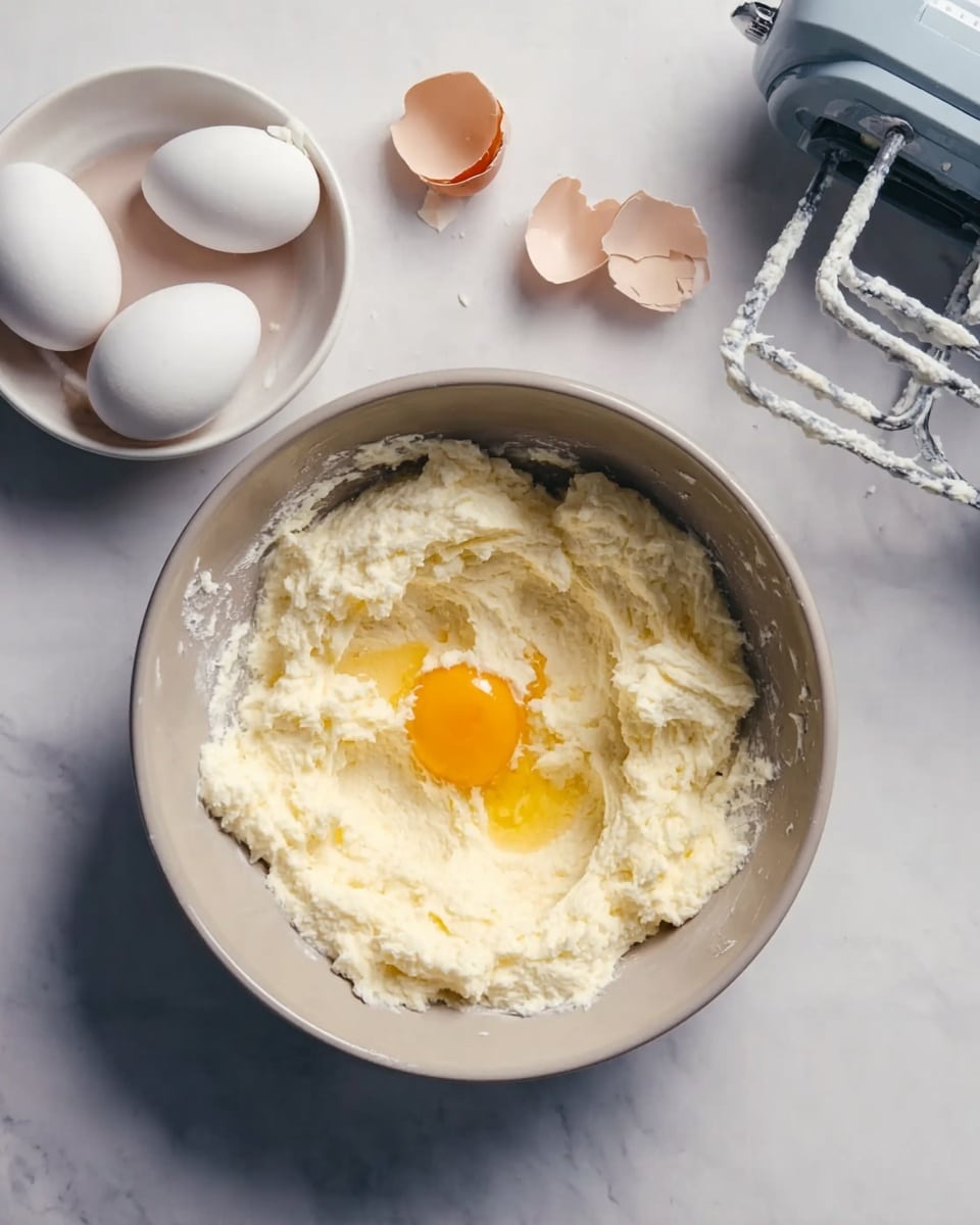 A light gray bowl sits on a white marbled surface filled with a thick, creamy mixture of pale yellow and white colors. In the center of the mixture, a fresh raw egg yolk with its bright golden yellow color rests clearly, surrounded by the pale, fluffy texture of the mixture. To the left of the bowl, a smaller white bowl holds two whole white eggs next to several clean, cracked eggshell pieces. On the right side, part of a silver electric mixer with white flat beaters is visible, speckled slightly with the same creamy mixture. The whole scene feels calm and simple, showing a moment in cooking preparation. photo taken with an iphone --ar 4:5 --v 7