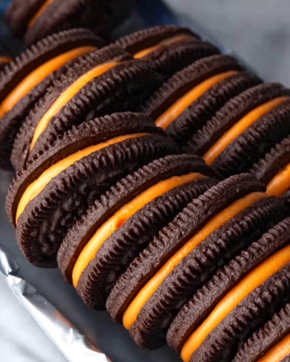 The image shows a close-up view of several lined-up chocolate sandwich cookies with orange cream filling. Each cookie has two dark brown, textured chocolate layers on the top and bottom, with a bright orange, smooth cream layer in the middle. The cookies are neatly packed together in a silver wrapper, placed on a white marbled surface. The lighting highlights the detailed ridges on the chocolate cookies and the creamy texture of the orange filling. Photo taken with an iphone --ar 4:5 --v 7