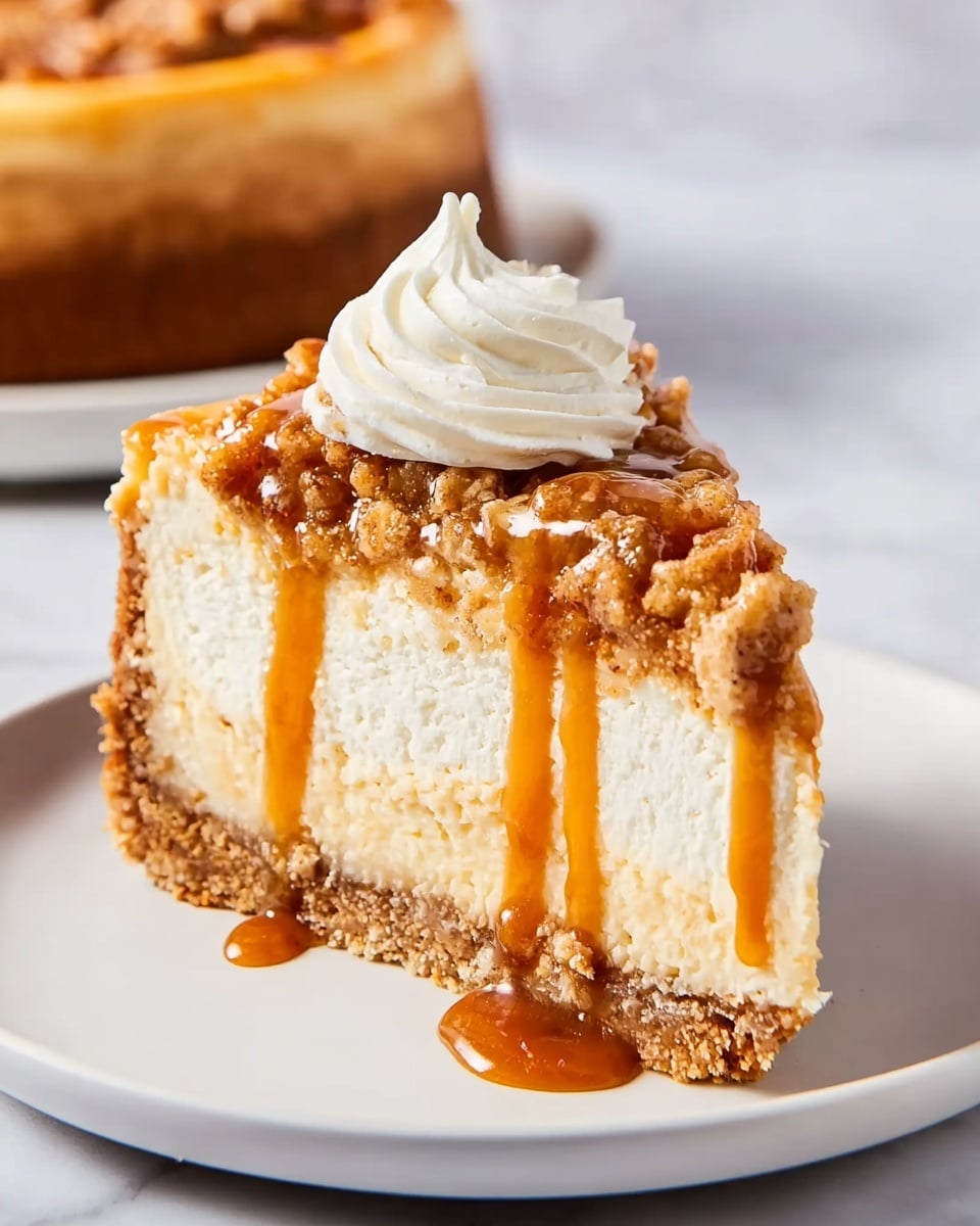 A thick slice of cheesecake sits on a white plate, showing three clear layers: a dense, light tan crust at the bottom, a creamy, pale yellow middle, and a chunky golden brown topping that looks crumbly and nutty. A dollop of smooth white cream rests on top, with glossy caramel sauce dripping over the cream and running down the sides of the slice. The plate is on a white marbled surface, and in the background, another slice is partly visible but out of focus. photo taken with an iphone --ar 4:5 --v 7
