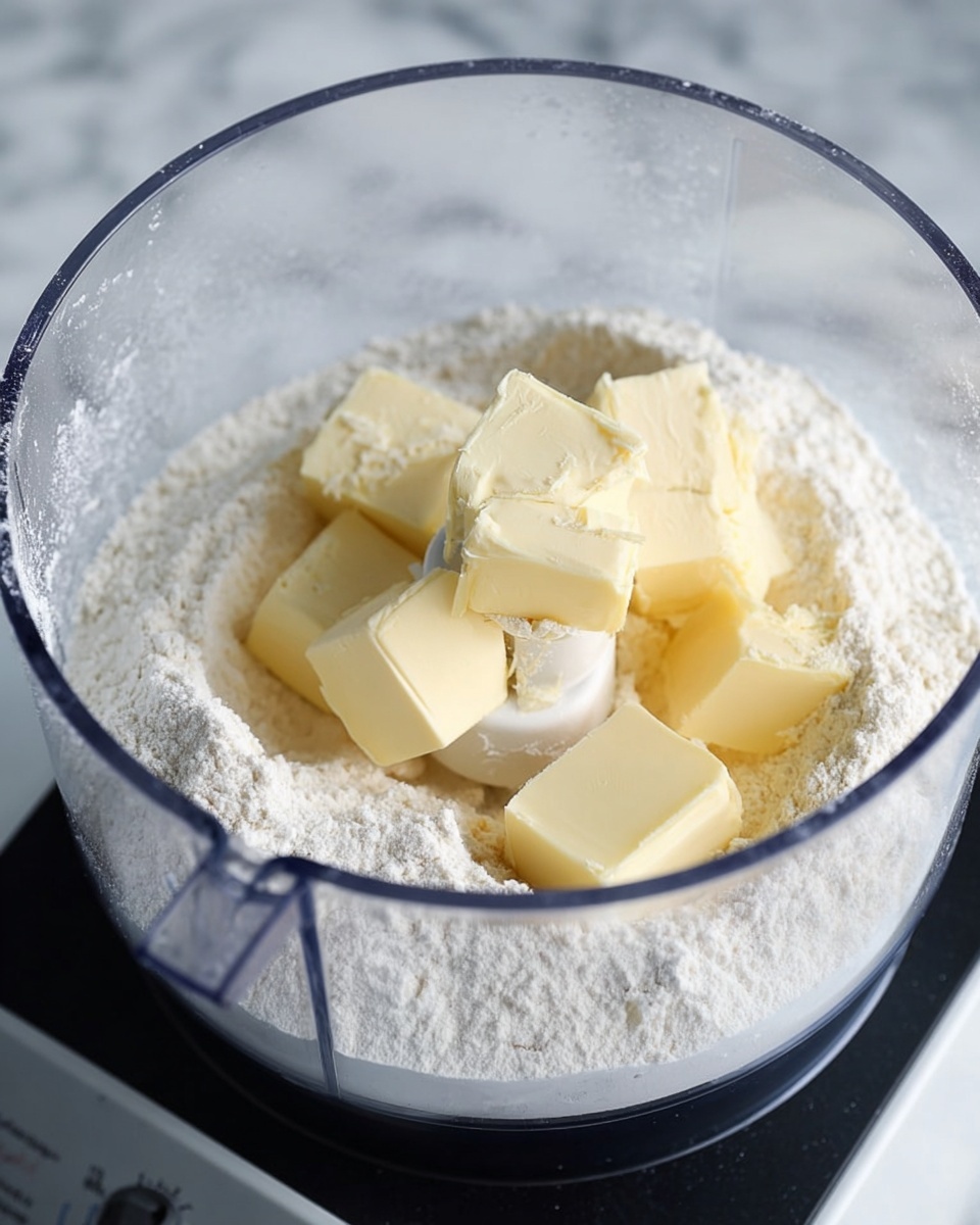 The image shows a clear food processor bowl filled with white flour on the bottom layer, with several even-sized pieces of pale yellow butter placed on top of the flour. The food processor is sitting on a black base, and the background is a white marbled surface. The focus is on the butter pieces and flour inside the bowl. photo taken with an iphone --ar 4:5 --v 7
