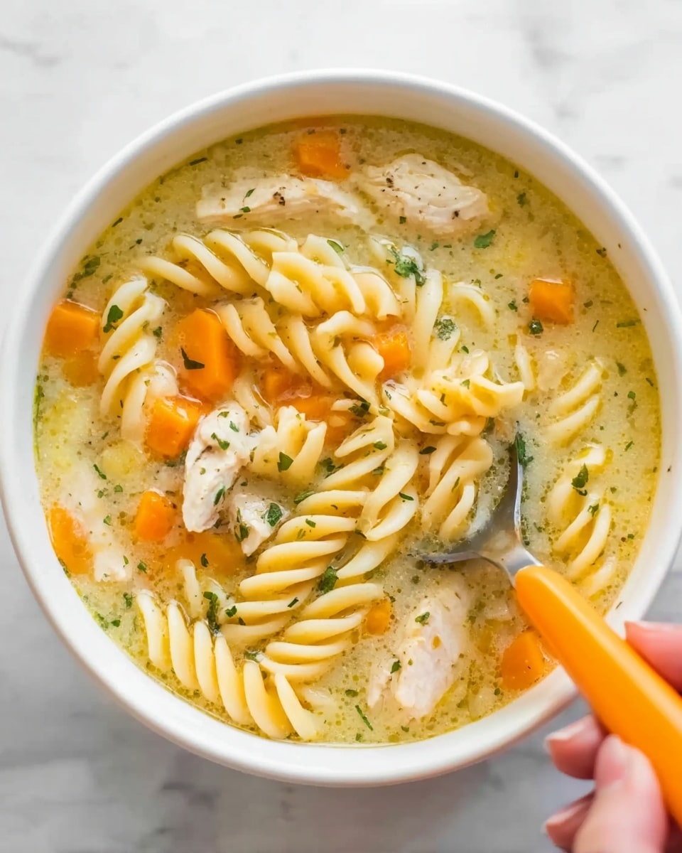 A white bowl filled with creamy chicken noodle soup sits on a white marbled surface. The soup has three main layers visible: at the bottom, thick spiral pasta noodles in a pale yellow color; scattered throughout are chunks of orange carrots and pieces of light beige cooked chicken meat; finally, the broth is creamy, pale yellow-green with small bits of green herbs floating softly. A spoon with an orange handle is placed inside the bowl, held by a woman's hand. Photo taken with an iphone --ar 4:5 --v 7