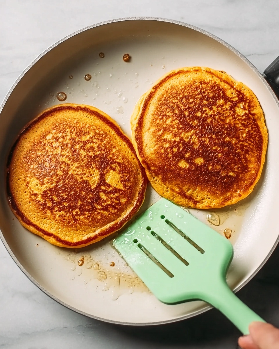 Two golden-brown pancakes sit side by side on a white round pan, each showing a slightly crispy texture with small bubbles and uneven browning on top. A woman's hand holds a pale green spatula with holes, lifting the pancake on the right gently. The pan is clean except for a few small crumbs and drops of oil. The background is a white marbled texture. photo taken with an iphone --ar 4:5 --v 7