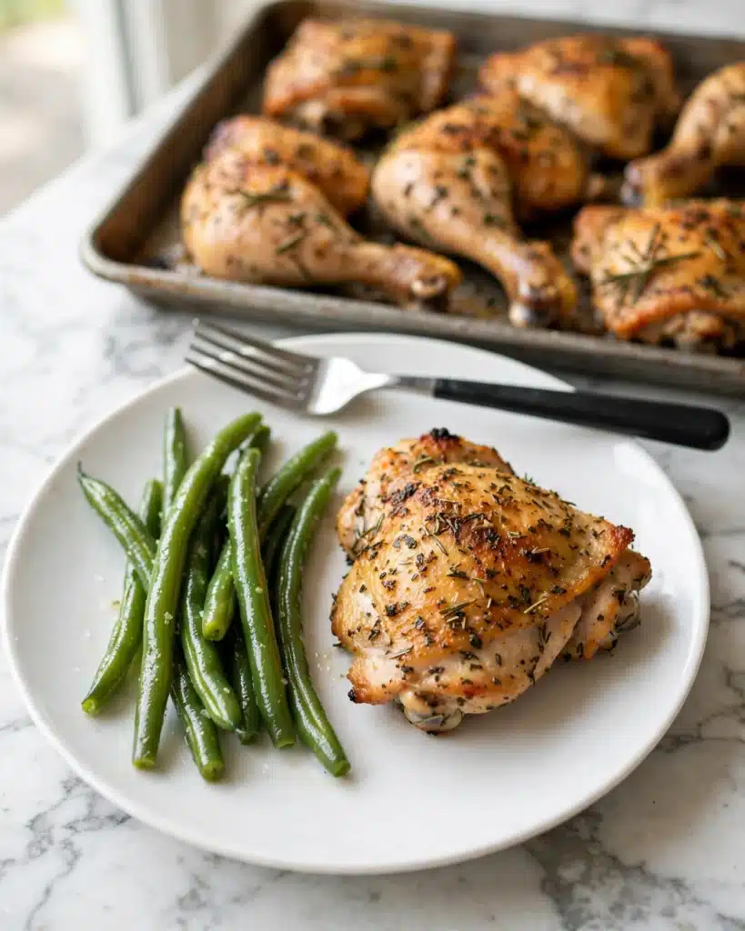 Lemon Herb Chicken Thighs with Crispy Green Beans Sheet Pan Meal Recipe