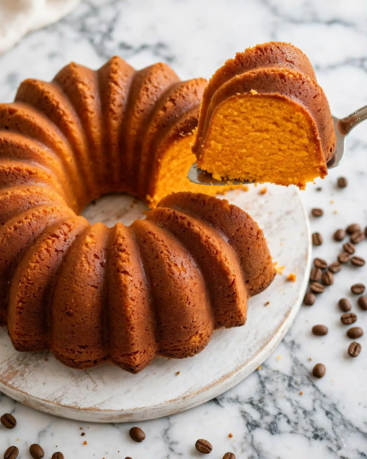 Pumpkin Spice Bundt Cake with Espresso Whipped Cream Recipe 6 The image shows a bundt cake with a rich, golden-brown crust and a moist, bright orange inside. The cake has deep ridges running all around it, giving it a fluted, circular shape with a hole in the middle. One slice is lifted by a silver cake server, revealing a uniform, soft, and dense texture inside. The cake sits on a round white wooden board placed on a white marbled texture surface. Coffee beans are scattered near the cake, adding a warm, cozy atmosphere. Photo taken with an iphone --ar 4:5 --v 7