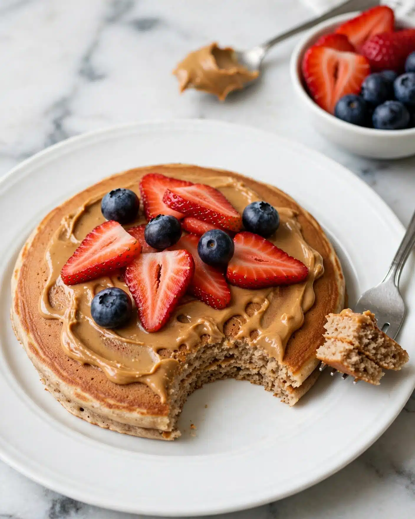 A single pancake lies flat on a white plate with a bite taken out, showing its soft, light brown inside texture. On top, there is a smooth spread of tan peanut butter, drizzled unevenly. Scattered over the peanut butter are fresh red strawberry slices and whole dark blue blueberries, adding color contrast. A silver fork with a small piece of pancake rests on the plate’s edge. In the background on the white marbled surface, a spoon with peanut butter and a small white bowl holding extra strawberries and blueberries are visible. photo taken with an iphone --ar 4:5 --v 7