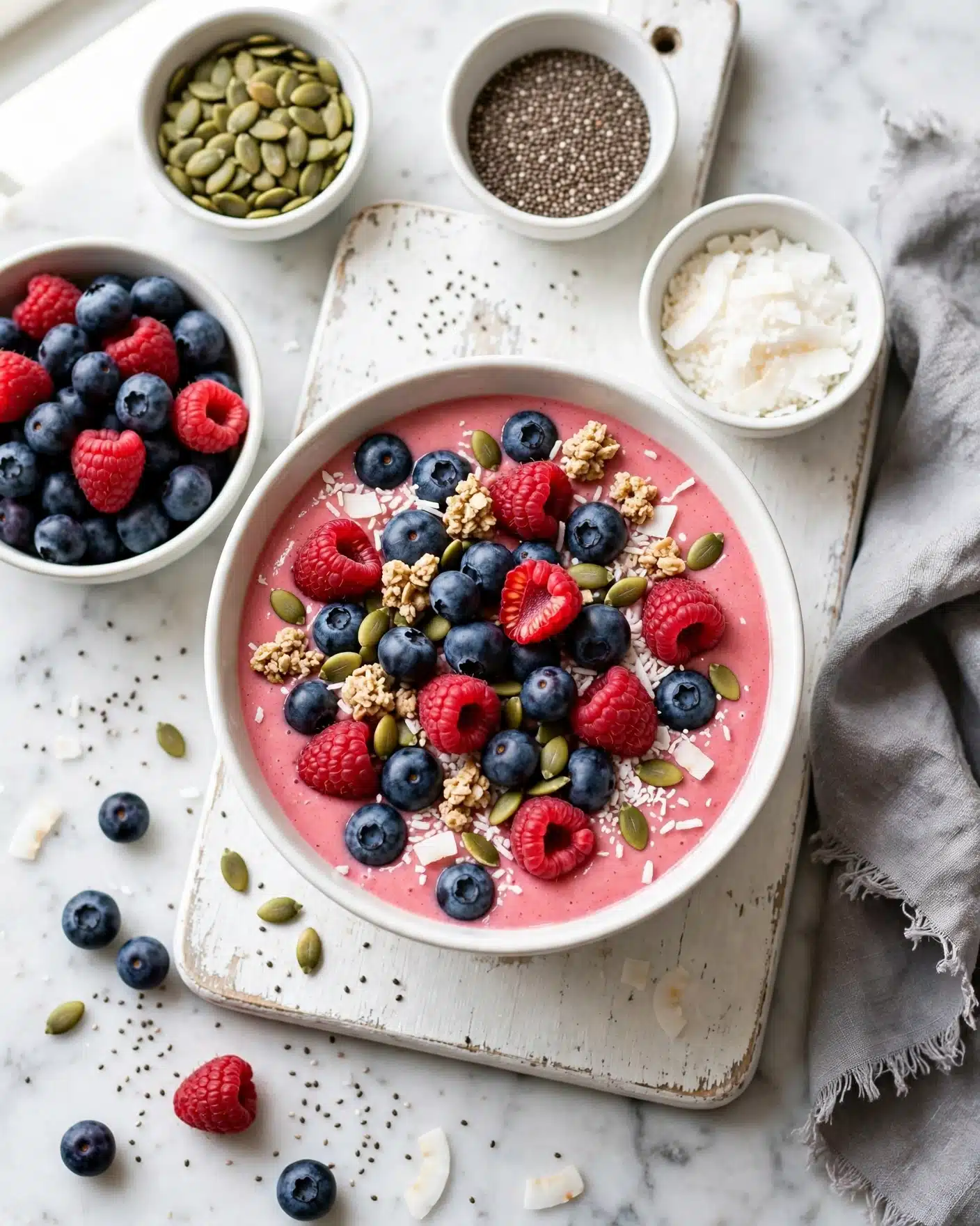A white bowl holds a bright pink smoothie layer as the base, smooth in texture. On top, there is a spread of fresh blueberries and raspberries, their deep blue and vibrant red colors standing out. Clusters of light brown granola and green pumpkin seeds are sprinkled evenly across, along with small white coconut flakes adding a delicate touch. The bowl sits on a worn white cutting board, placed on a white marbled surface scattered with a few stray berries and seeds. Around, small white bowls hold more blueberries with raspberries, green pumpkin seeds, brown chia seeds, and shredded coconut. A soft gray cloth with frayed edges is partially visible on the right side. photo taken with an iphone --ar 4:5 --v 7