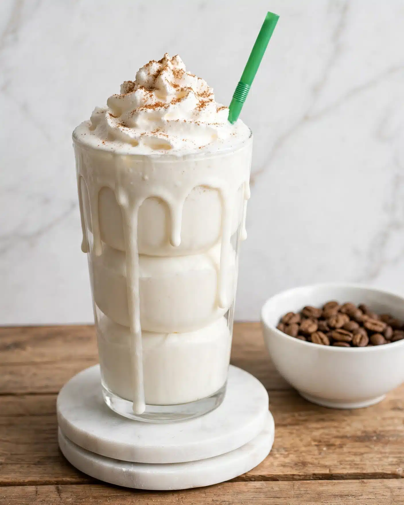 Easy Vanilla Bean Frappuccino Recipe 6 The image shows a tall glass with three rounded layers filled with a creamy white drink. The drink slightly drips down the sides, adding a thick texture. On top is a large swirl of white whipped cream sprinkled with a brown powder, possibly cinnamon or nutmeg. A green straw sticks out from the whipped cream layer. The glass sits on two round white marble coasters placed on a wooden surface, with coffee beans in a white bowl nearby. The background and surface have a clean white marbled texture. Photo taken with an iphone --ar 4:5 --v 7