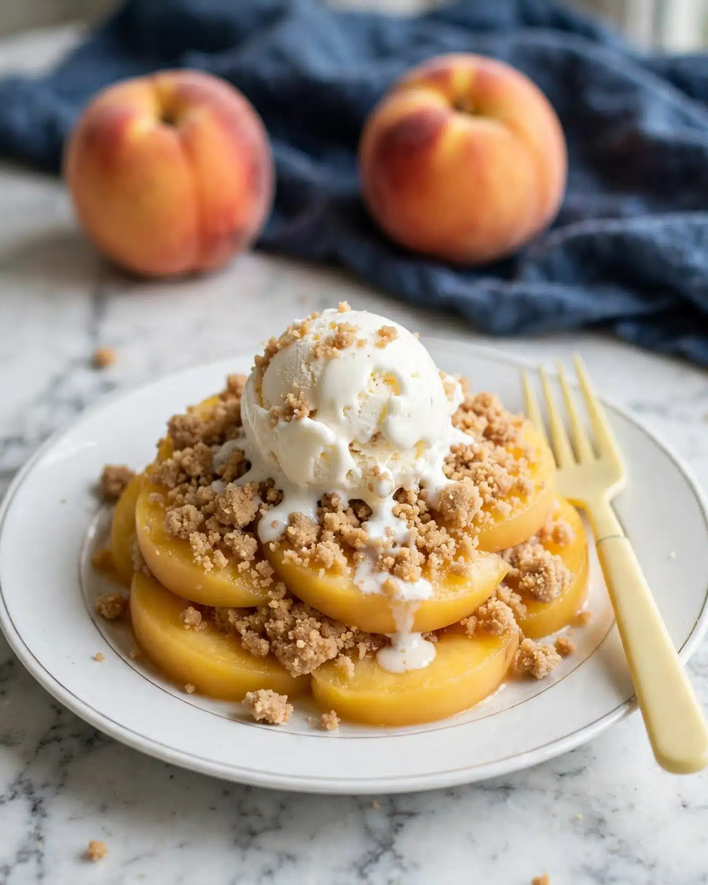 A white plate holds a warm peach crumble dessert with three visible layers: the bottom layer is soft, bright yellow peach slices, the middle layer is a crumbly, golden-brown topping with a rough texture, and the top layer is a smooth, melting scoop of white vanilla ice cream slightly dripping over the crumble. A gold fork rests on the right edge of the plate, and three ripe peaches are blurred in the white marbled background behind the plate. photo taken with an iphone --ar 4:5 --v 7