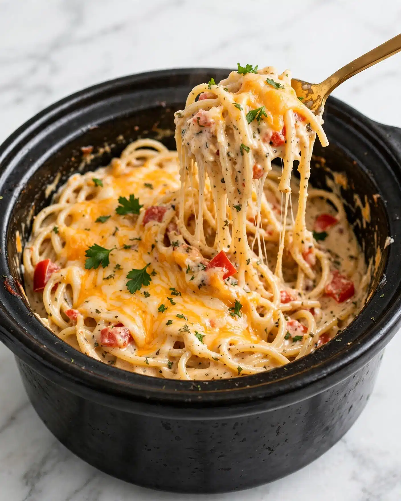 The image shows a black crockpot filled with creamy, cheesy noodles. The dish has two main layers: the base layer is soft pasta with a light beige color mixed with small bits of red and herbs, and the top layer is melted cheese in bright orange and yellow shades, covering the noodles smoothly. Some small green parsley pieces are scattered on top, adding color contrast. A golden spoon lifts a portion of the cheesy noodles, showing the thick, stretchy texture of melted cheese and tender pasta below. The background surface is a white marbled texture. Photo taken with an iphone --ar 4:5 --v 7