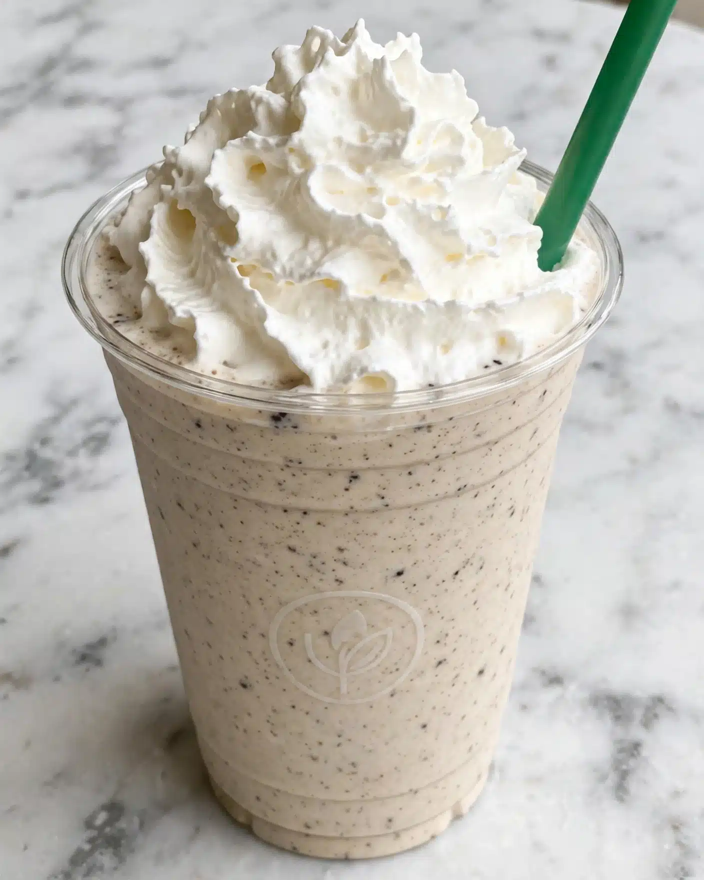 Easy Vanilla Bean Frappuccino Recipe 5 A clear plastic cup is filled with a light beige creamy drink with tiny dark specks evenly spread throughout. On top, there is a thick layer of bright white whipped cream, swirled in soft peaks rising high above the cup's rim. A green straw is placed on the right side, pushed slightly into the whipped cream. The cup shows a subtle embossed logo near the bottom, and the whole drink is set against a white marbled background. photo taken with an iphone --ar 4:5 --v 7