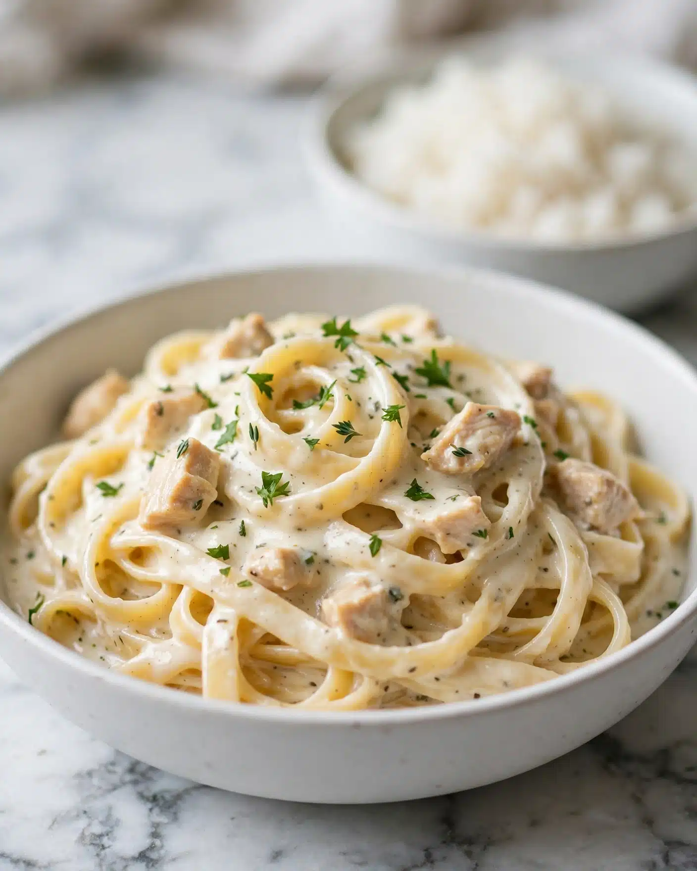 Turkey Tetrazzini Recipe 6 This image shows a close-up of a white bowl filled with creamy baked pasta. The top layer is golden brown melted cheese sprinkled with chopped green herbs. Below the cheese, white creamy sauce with visible pieces of mushrooms and light pink meat covers long pasta strands. A silver fork lifts a cheesy, saucy portion of pasta, showing the gooey melted cheese stretching between the fork and the bowl. The bowl is set on a white marbled surface. Photo taken with an iphone --ar 4:5 --v 7