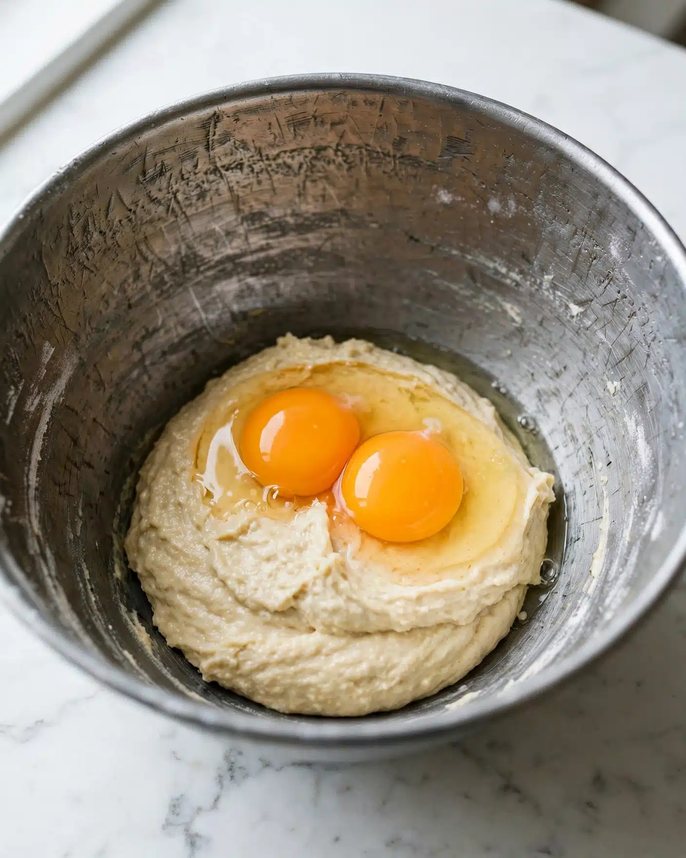 Pumpkin Spice Bundt Cake with Espresso Whipped Cream Recipe 5 A metal mixing bowl with a rough texture inside holds a mound of light beige batter at the bottom center. Two raw egg yolks, bright orange and smooth, sit closely next to each other on top of the batter. The egg whites are slightly visible around the yolks, adding a subtle shine. The bowl rests on a white marbled surface that provides a clean and calm background, making the bowl and contents stand out clearly. photo taken with an iphone --ar 4:5 --v 7