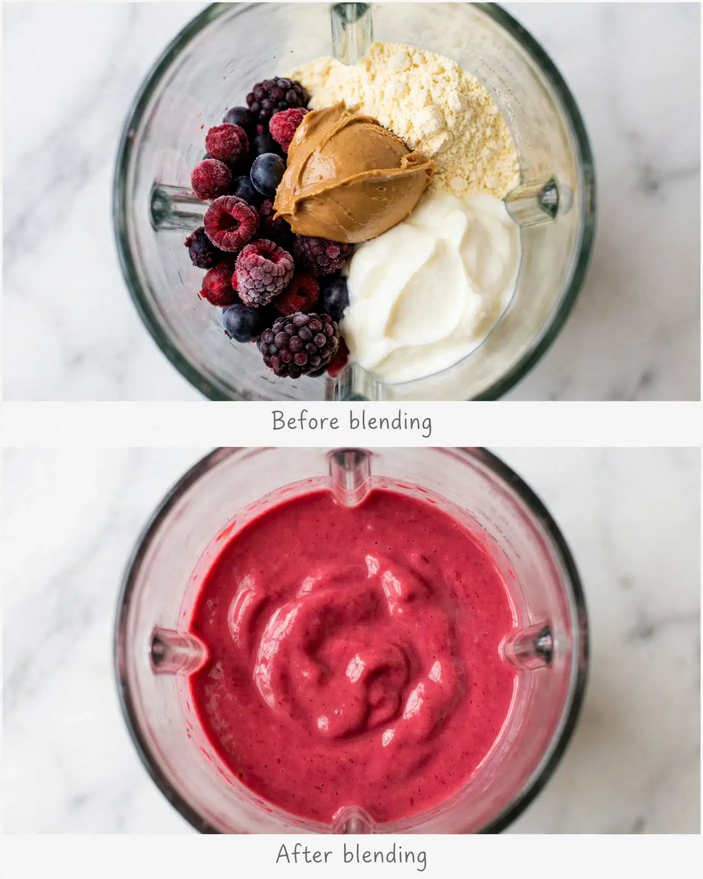 The image shows a blender container on a white marbled surface, viewed from the top. Inside the blender, there are mixed frozen berries in dark red, purple, and blue colors, placed mostly at the bottom left. On top of the berries, there is a dollop of light brown peanut butter towards the center, a big scoop of creamy white yogurt at the bottom right, and a heap of pale yellow powder at the top right, all sitting separately before blending. The next frame shows the smoothie after blending as a thick, smooth, bright magenta-red mixture filling the blender evenly, with soft swirls visible on the surface. Photo taken with an iphone --ar 4:5 --v 7