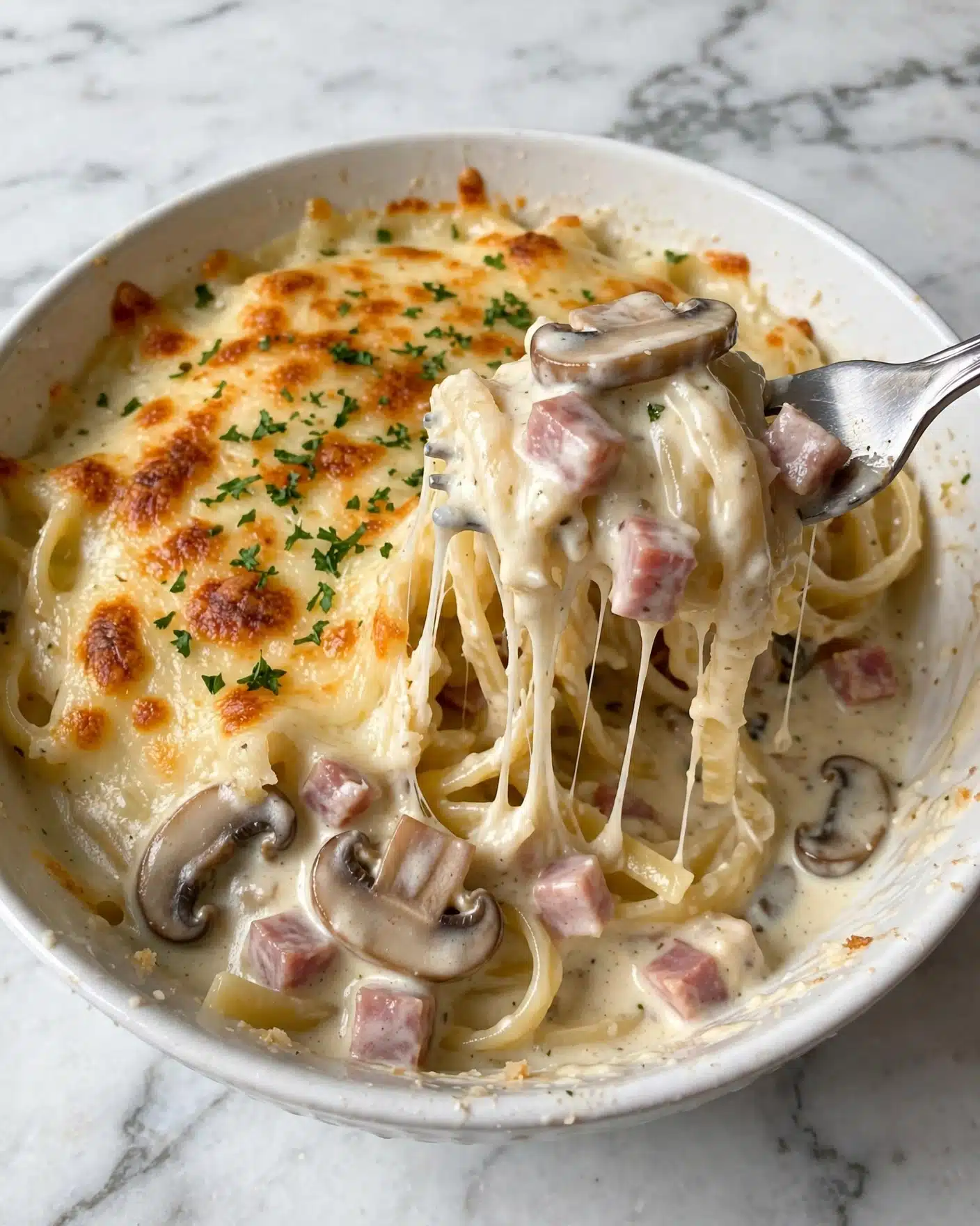 Turkey Tetrazzini Recipe 5 A creamy pasta dish served in a white bowl, filled with fettuccine noodles coated in a rich, white cheese sauce mixed with small pieces of cooked chicken. The sauce has a smooth texture with some herbs and finely chopped green parsley sprinkled on top for color. The background is a white marble surface with a blurred white bowl of rice behind the pasta bowl, adding depth to the image. photo taken with an iphone --ar 4:5 --v 7