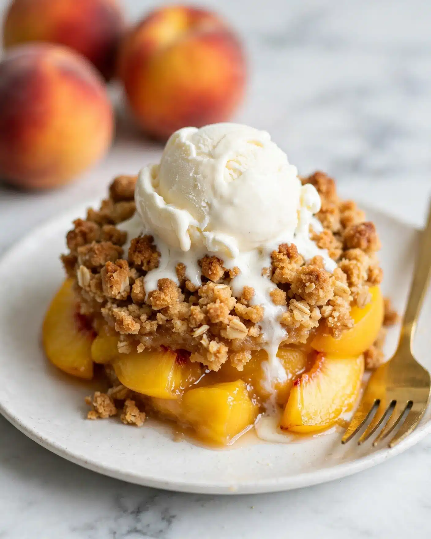 A white plate holds a peach dessert with three visible layers: the bottom layer is soft, yellow peach slices, the middle layer is a light brown crumbly topping spread unevenly over the peaches, and the top layer is a round scoop of white ice cream melting slightly into the crumbly topping. A pale yellow fork rests on the right side of the plate. In the background, there are two whole peaches on a dark blue cloth, all set on a white marbled surface. Photo taken with an iphone --ar 4:5 --v 7