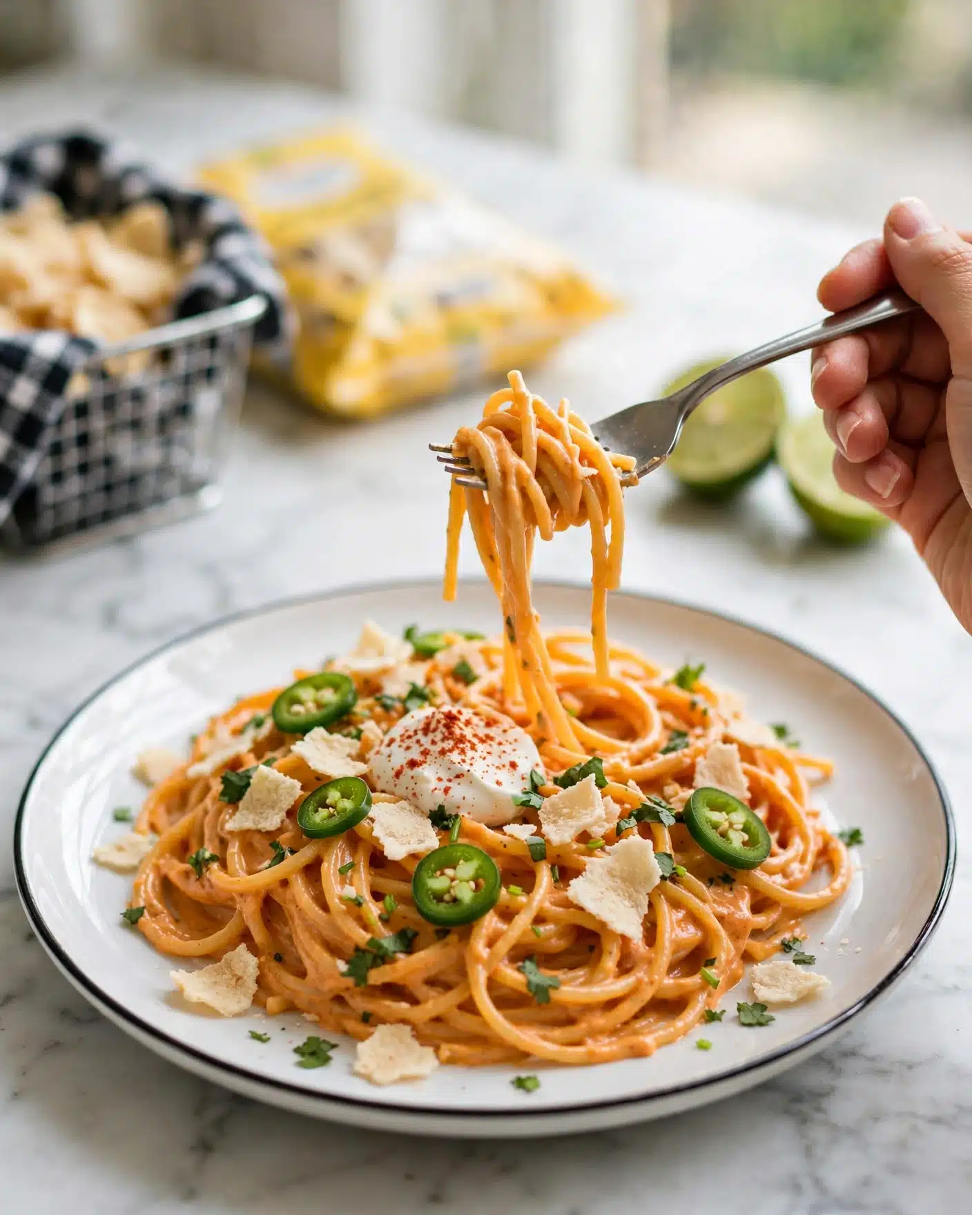 A serving of creamy orange pasta piled softly on a white plate with a thin black rim, topped with small torn pieces of light beige crispy chips scattered on top. A small white dollop of sour cream, sprinkled with red seasoning, sits near the center. Fresh green jalapeño slices and chopped green herbs are spread over the pasta for color. A woman's hand holding a silver fork is lifting a bite from the plate. In the blurred background are cut lime halves, a metal basket with a black and white cloth holding more chips, and a yellow package on the white marbled surface photo taken with an iphone --ar 4:5 --v 7