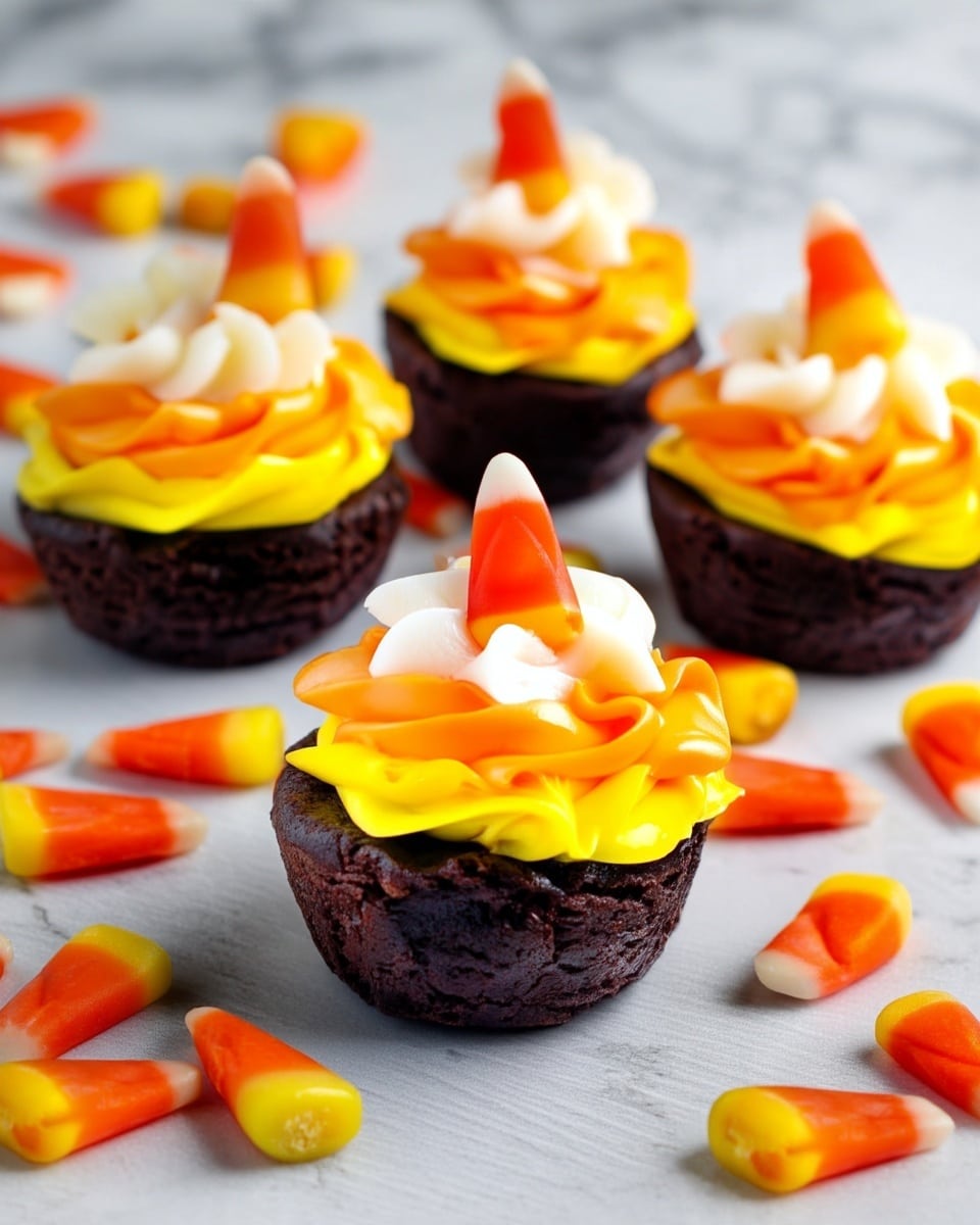 The image shows four small chocolate cupcakes placed on a white marbled surface, each topped with three layers of smooth, thick frosting: a base layer of bright yellow, a middle layer of vibrant orange, and a top layer of white. Each cupcake is garnished with one candy corn placed upright at the center of the frosting. Scattered candy corns surround the cupcakes on the marbled surface, adding more bright orange, yellow, and white colors to the scene. The overall look is festive and colorful, with the chocolate cupcakes providing a dark base that contrasts with the bright frosting and candy. photo taken with an iphone --ar 4:5 --v 7