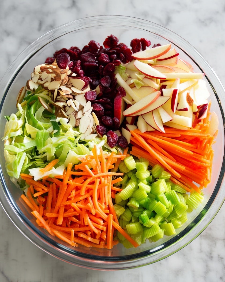 The image shows a clear glass bowl filled with six different fresh ingredients, each placed in separate sections. In the bowl, shiny red apple slices with white inside are on the upper right, bright orange thin carrot sticks are on the lower right, small light green chopped celery pieces are in the lower middle, finely shredded bright green cabbage is on the left side, thin light brown almond slices are next to the cabbage on the upper left, and deep red dried cranberries are in the top middle. The bowl is placed on a white marbled surface. photo taken with an iphone --ar 4:5 --v 7