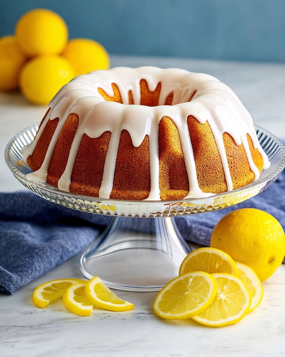 A single-layer round bundt cake with a golden brown texture is covered by a thick white glaze that drips down unevenly on all sides. The cake sits on a clear glass pedestal cake stand with a fluted edge, placed on a white marbled surface. In front of the stand are three lemon wedges stacked in a fan shape and a whole lemon, while a blue cloth and another whole lemon are in the background. The photo taken with an iphone --ar 4:5 --v 7