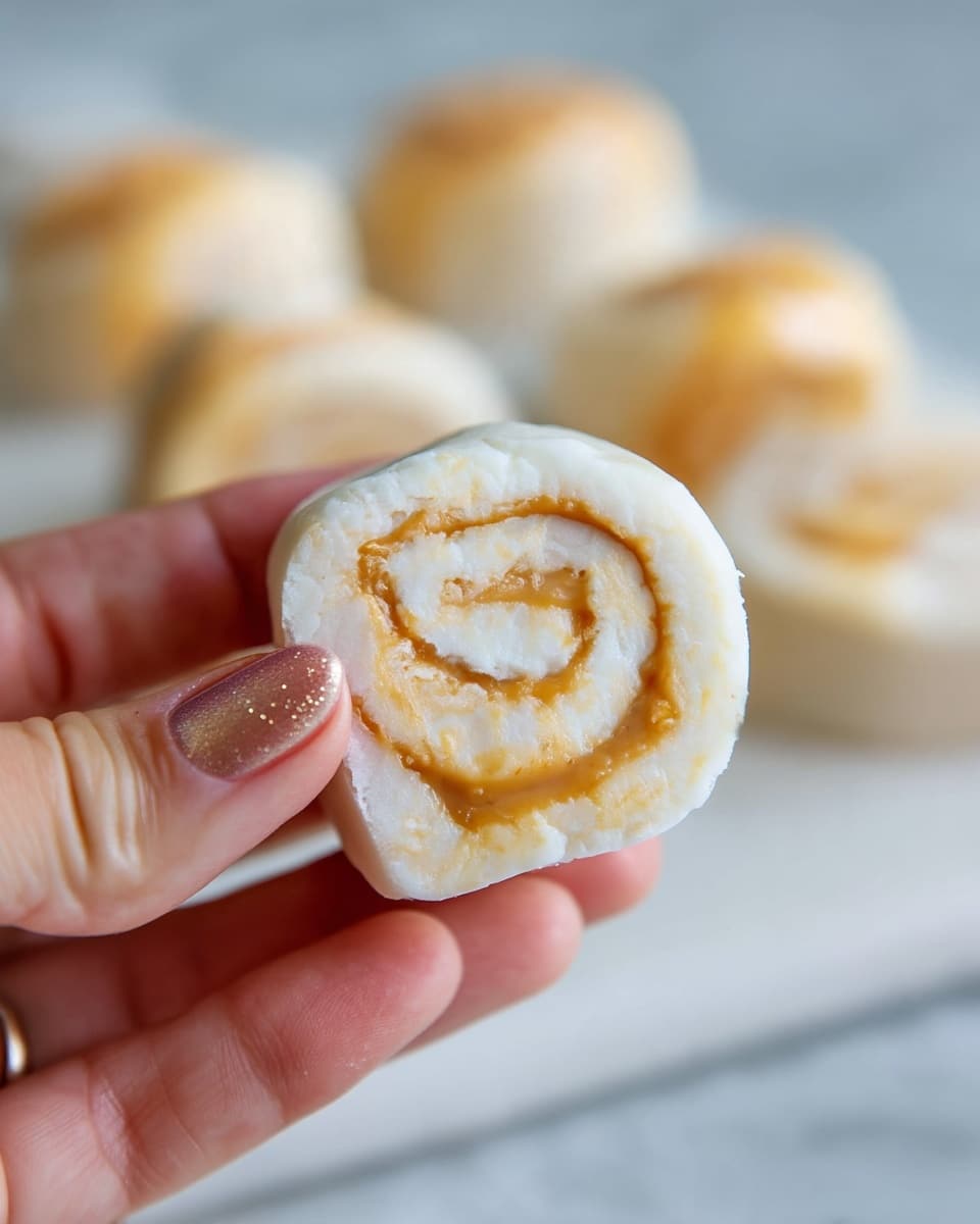 A close-up image of a small roll held between woman's thumb and forefinger with shiny, light pink nail polish. The roll has two visible layers: a soft, white outer dough layer and a smooth light orange filling spiraled inside. In the blurred background, there are several more similar rolls resting on a white marbled surface. Photo taken with an iphone --ar 4:5 --v 7