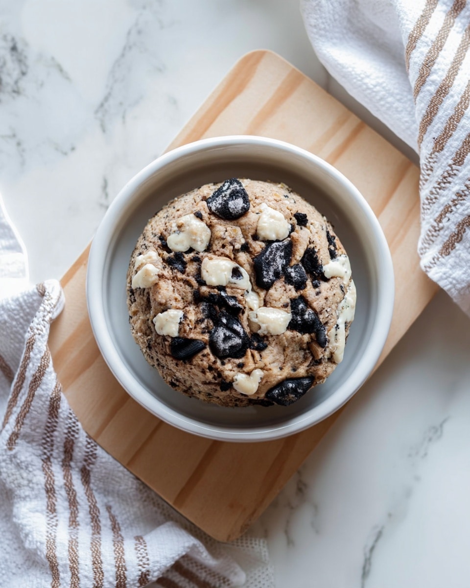 A round, thick cookie sits inside a white bowl placed on a light wooden board. The cookie has a rough texture with tiny dark specks throughout, with chunks of black cookie pieces and uneven white spots scattered on its surface. The bowl and board rest on a white marbled surface with soft light, and a white cloth with brown stripes is casually placed around the board. Photo taken with an iphone --ar 4:5 --v 7