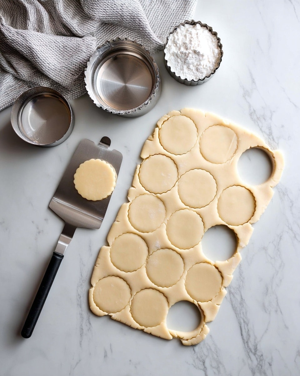 A flat, light beige dough sheet lies on a white marbled surface, with ten scalloped round shapes cut out evenly across its surface and one round piece lifted on a metal spatula with a black handle at the bottom left. Near the top edge, there are two silver measuring cups filled with white flour and powdered sugar, along with a round metal cookie cutter, and a textured gray cloth partially visible in the top left corner. The dough has a smooth and soft texture with slightly uneven edges around the cutouts. Photo taken with an iphone --ar 4:5 --v 7