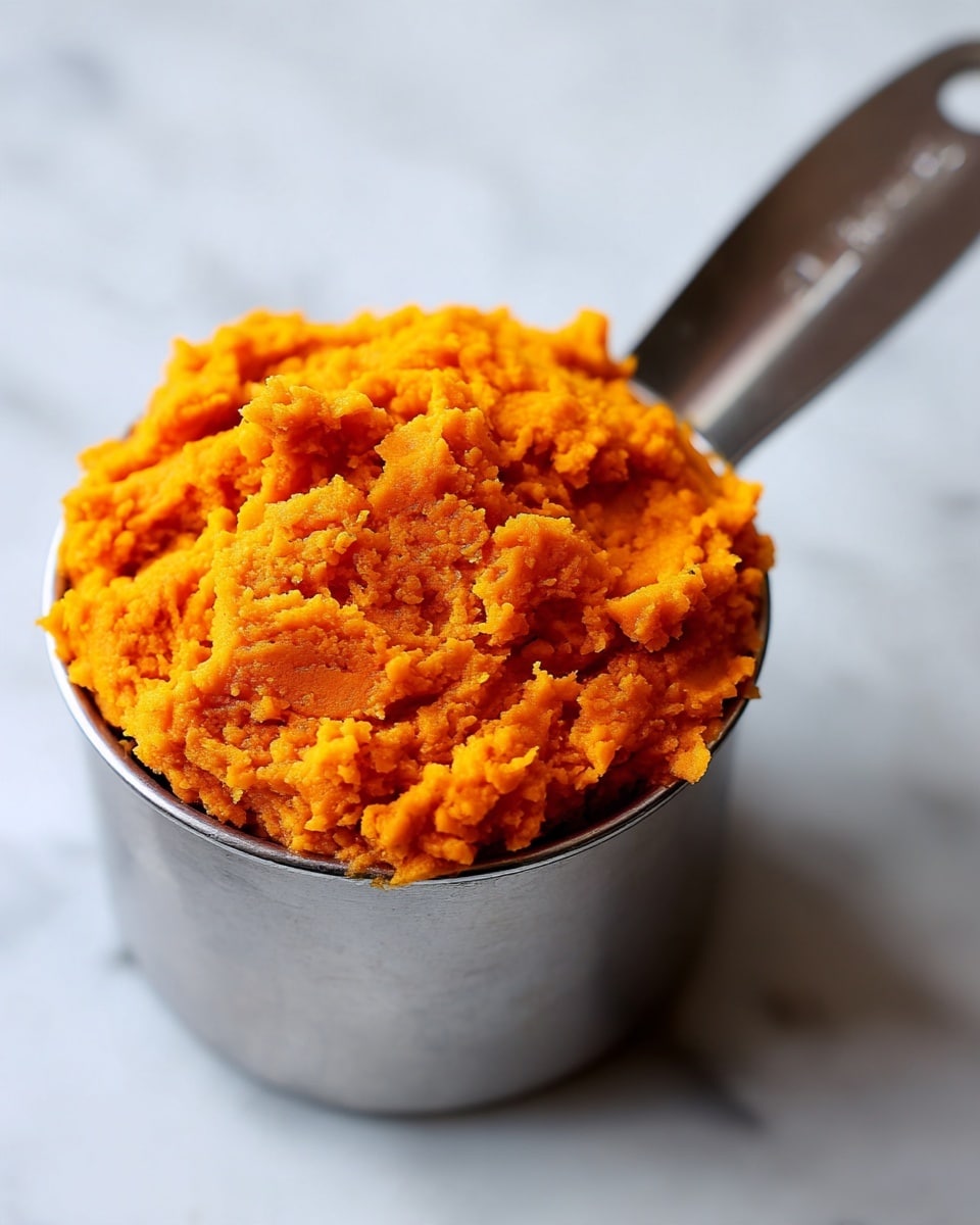 The image shows a metal measuring cup filled to the top with bright orange mashed sweet potatoes. The texture of the mash is smooth with some small lumps, creating a slightly uneven surface. The metal cup handle extends to the right, and the cup is resting on a white marbled surface. photo taken with an iphone --ar 4:5 --v 7