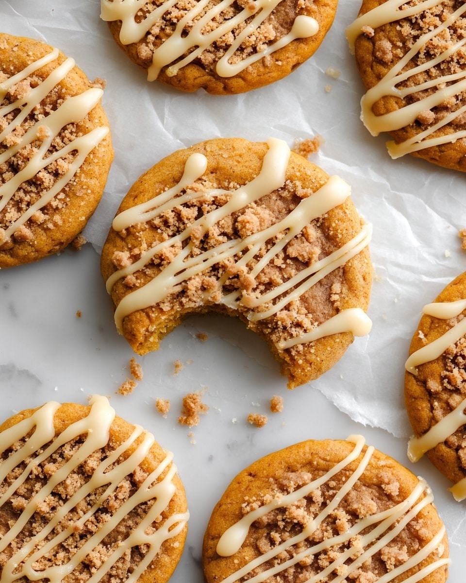 The image shows a group of round cookies on white parchment paper over a white marbled surface. Each cookie has two layers: the bottom layer is golden brown and smooth with a soft texture, while the top layer is made of crumbly streusel in light brown. On top, there are thin drizzle lines of light beige icing running diagonally across each cookie. One cookie in the center has a bite taken out of it, revealing the soft inside. Crumbs are scattered around the cookies. photo taken with an iphone --ar 4:5 --v 7