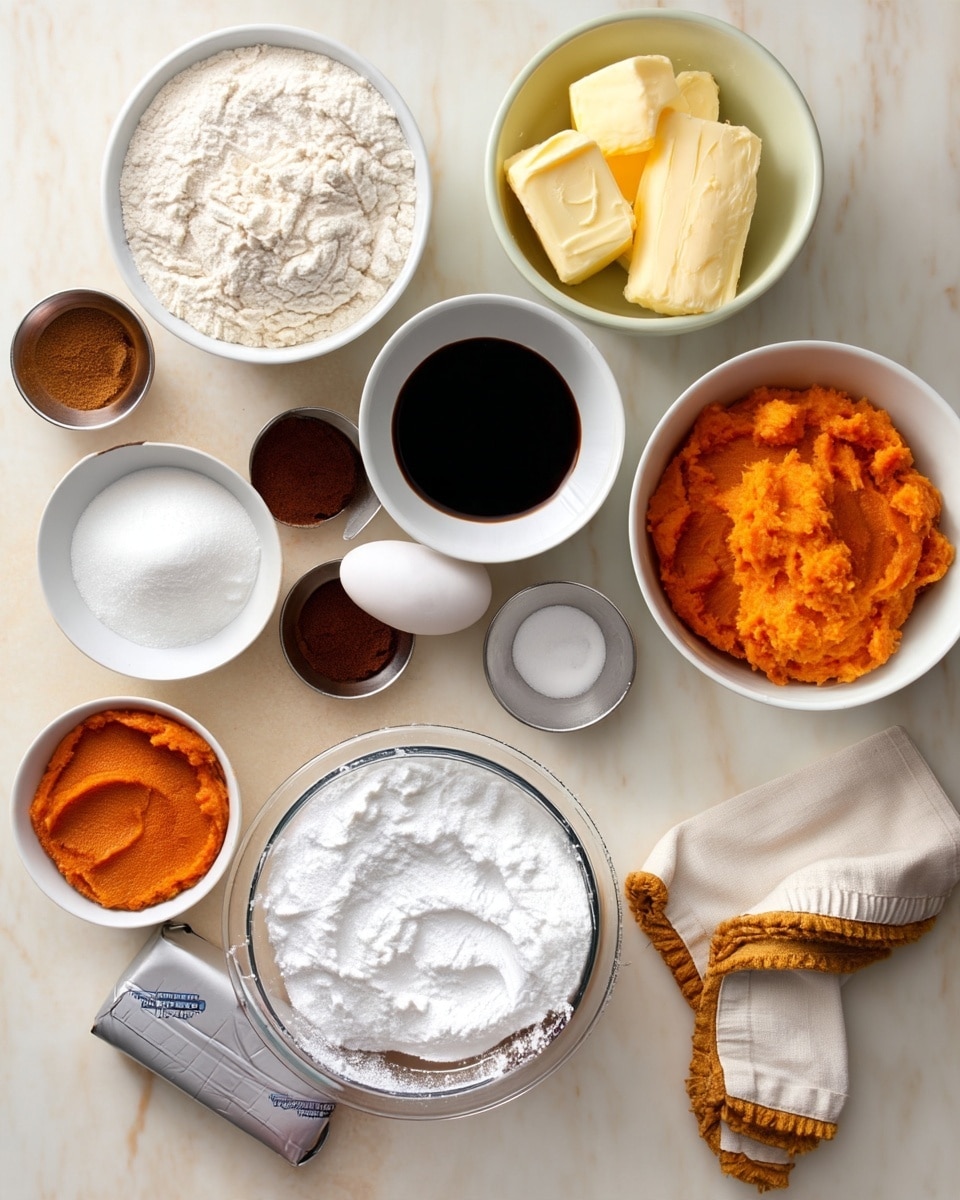 The image shows various baking ingredients neatly arranged on a white marbled surface. There are two medium white bowls filled with fine white flour and brown sugar, a small white bowl with dark brown liquid, a medium white bowl with orange pumpkin puree, and a medium clear glass bowl filled with powdered sugar. There are three small metal cups holding light and dark brown powders and white baking soda. A white egg sits next to the bowls, alongside a wrapped block of butter with silver foil and a cream-colored kitchen towel with orange trim on the side. The colors are soft and natural, showing a simple and clean setup for baking. photo taken with an iphone --ar 4:5 --v 7